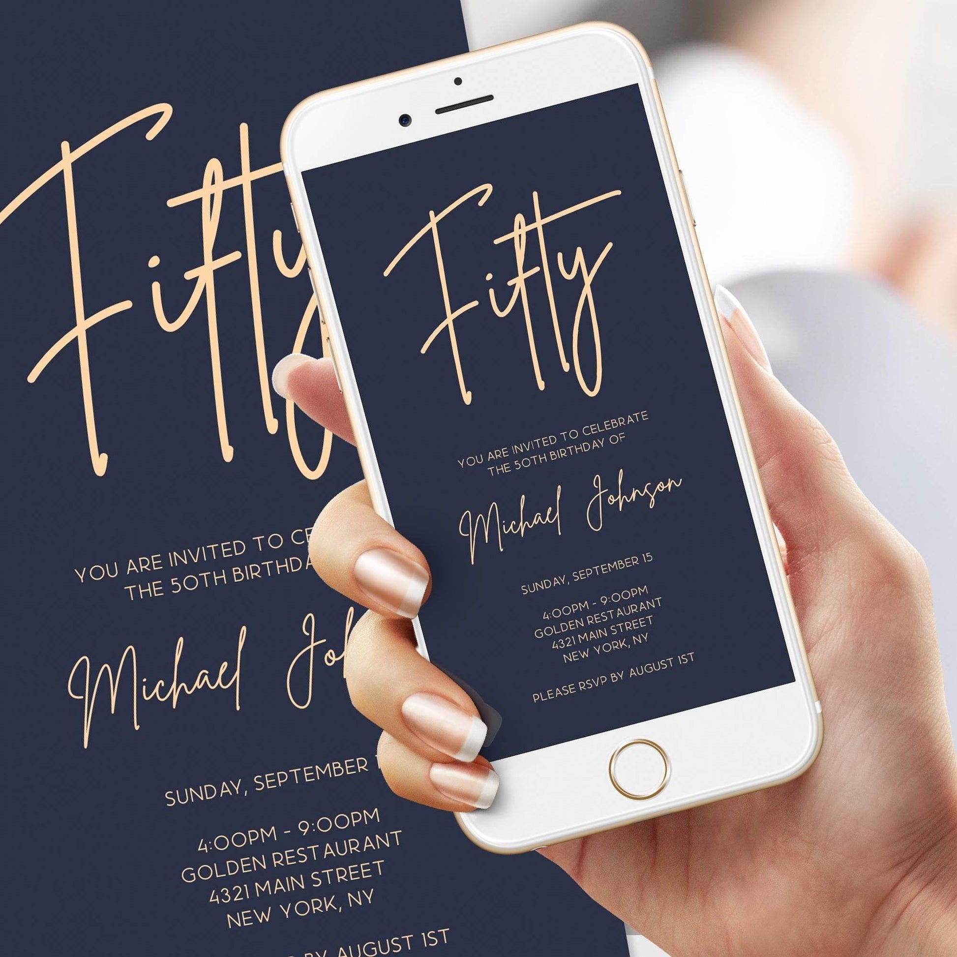 Navy Gold 50th Birthday Electronic Invitation Evite – Editable Phone Text Message Invite | Digital Email Men’s Birthday Template | Instant Download