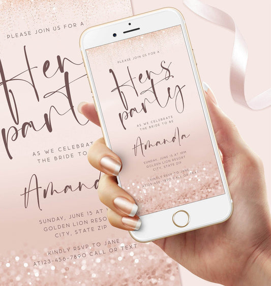Digital Rose Gold Hens Party Invitation Template, Electronic Hens Party Invite, Bachelorette Text Message Evite, Custom Mobile Invitation