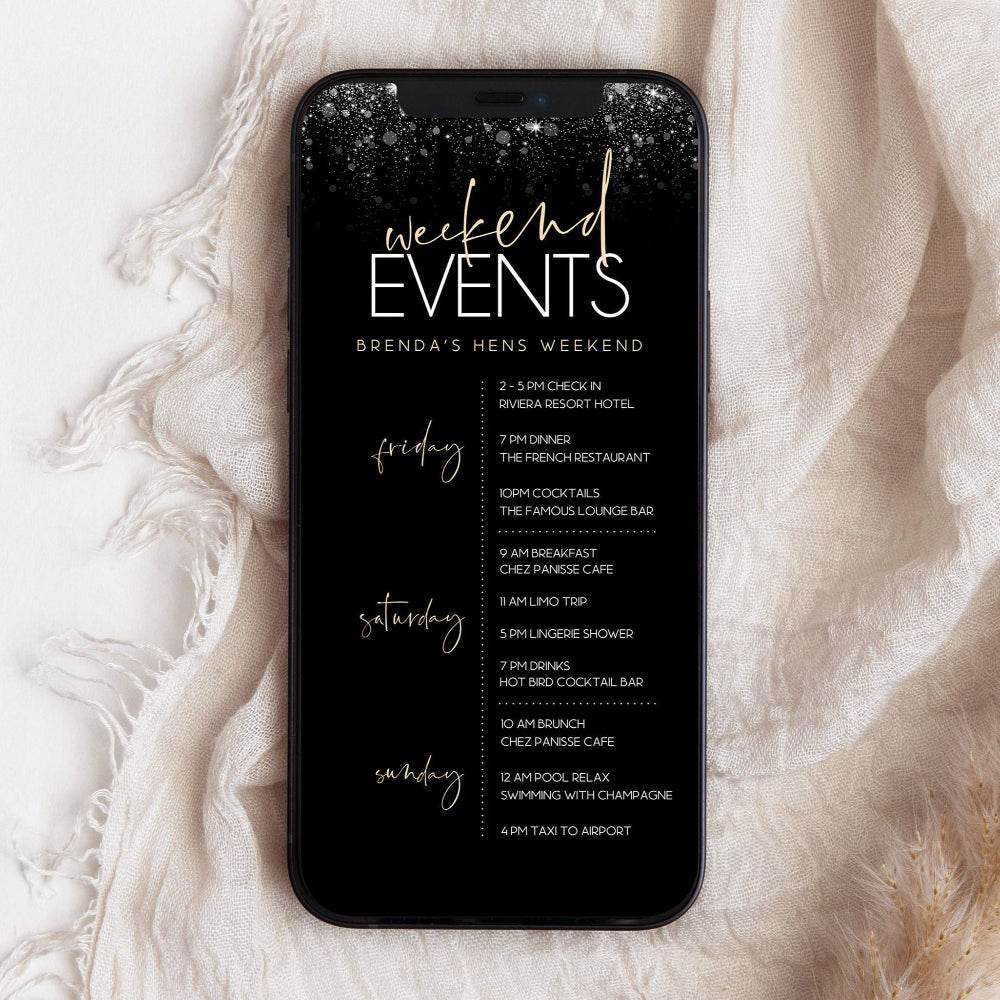 Digital Luxury Hens Weekend Itinerary Template – Editable Black & Gold Bachelorette Weekend Schedule | Phone Text Message Template | Instant Download