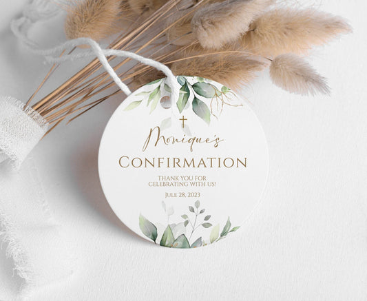 Round Confirmation Thank You Tag Template, Eucalyptus Gold Favor Tag, Baptism Boho Sage Leaves, Printable Boy Girl Tag, Instant Download