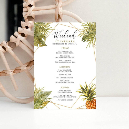 Tropical Weekend Itinerary Template – Editable Black & White Printable Bachelorette or Birthday Schedule | Hens Party Weekend Agenda | Instant Download