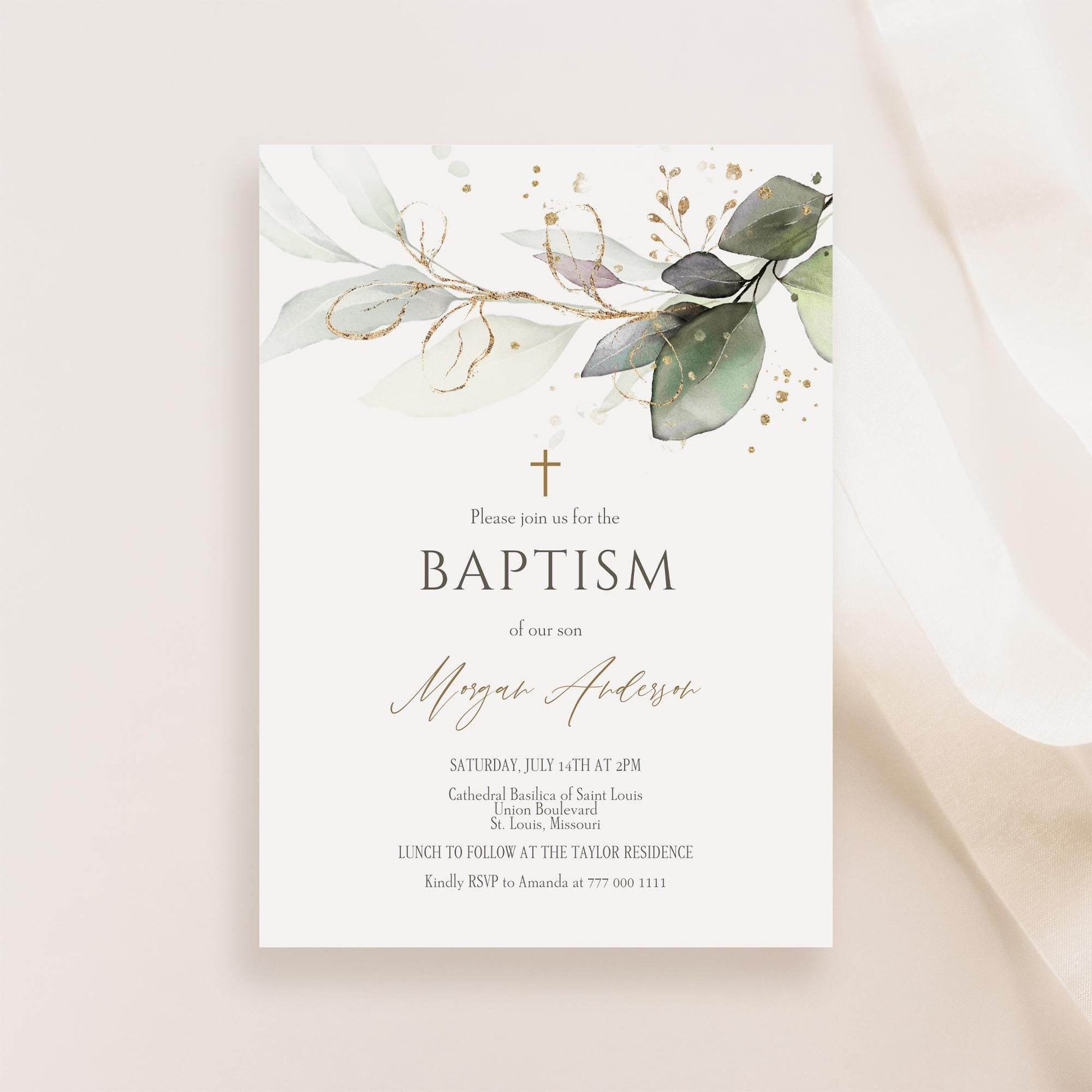 Baptism Invitation Template – Editable Greenery Christening Invite | Eucalyptus & Gold Leaves | Boy or Girl Printable Digital Download