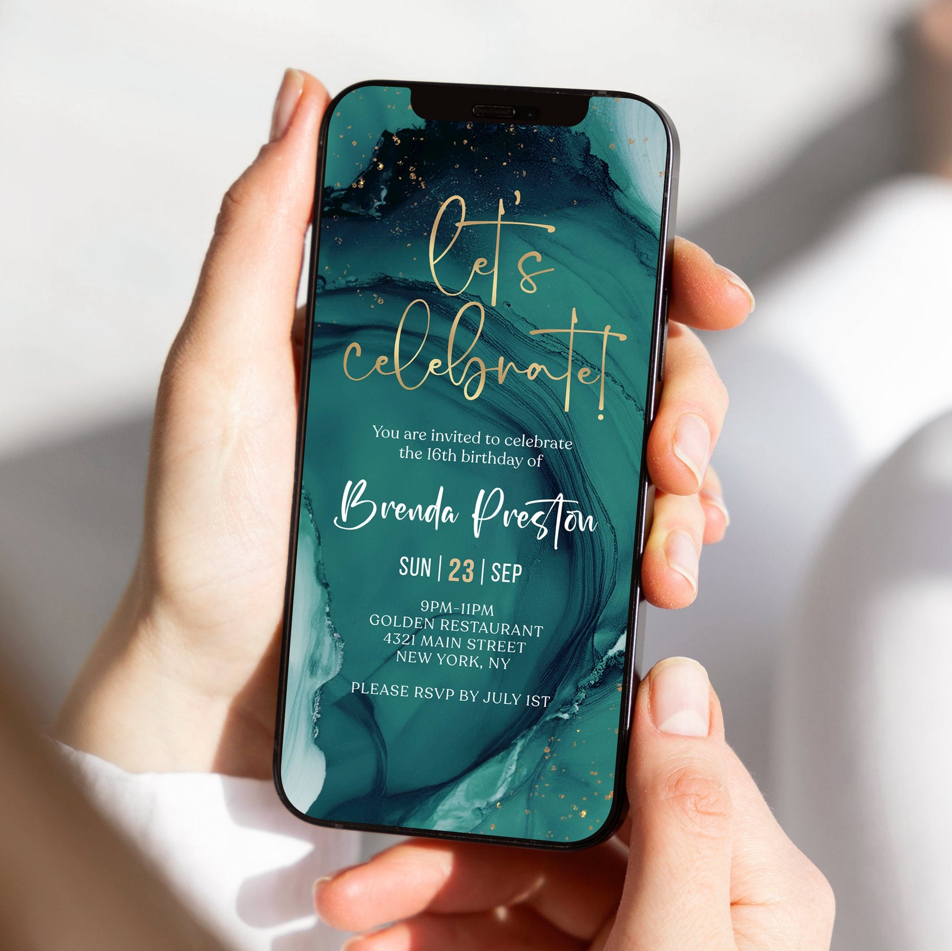 Teal Gold Birthday Invitation Template, Editable Digital Party Invite, Any Age Birthday Evite, Let's Celebrate Printable Invitation