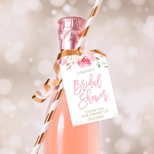 Floral Bridal Shower Thank You Tags, Editable Mini Wine Champagne Bottle Favor, Wedding Pink Gold Confetti, Corjl Template, Instant Download