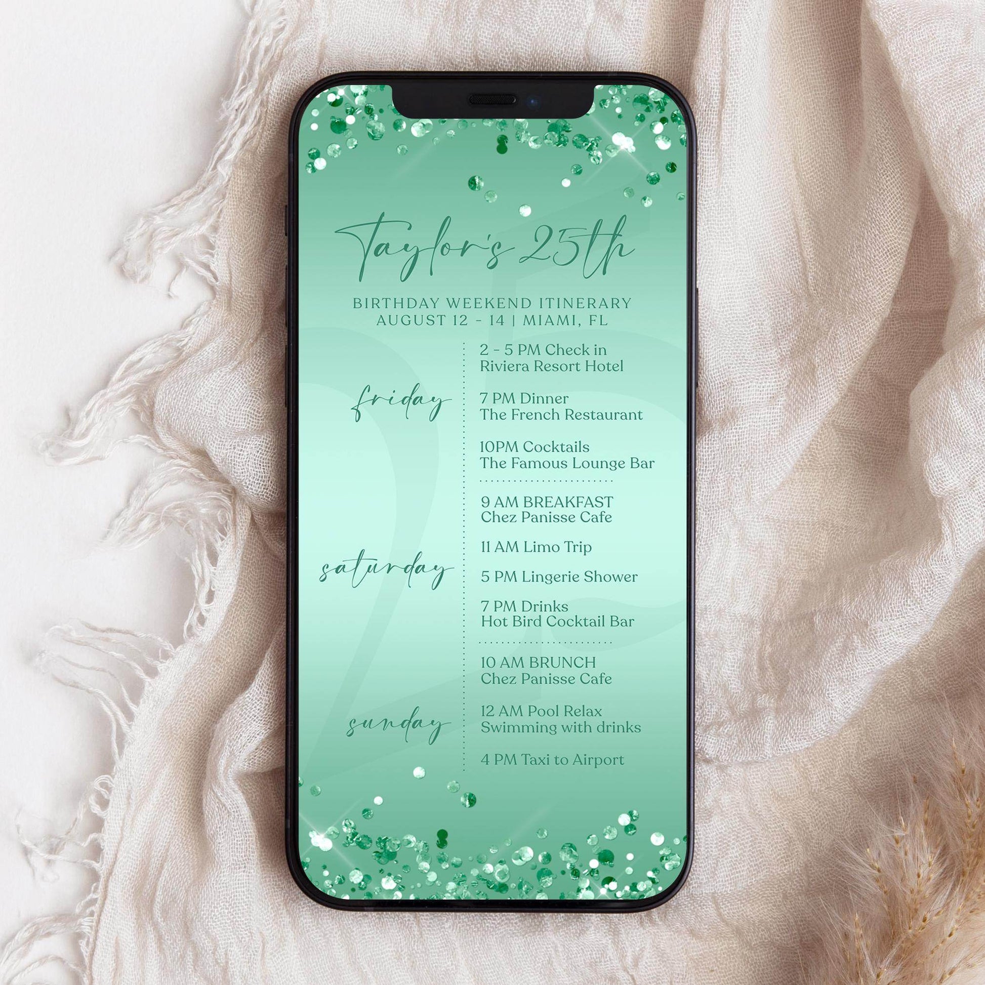 Electronic Mint Green Birthday Weekend Itinerary Template, Editable Birthday Itinerary, Digital Weekend Party Schedule, Itinerary Text Evite