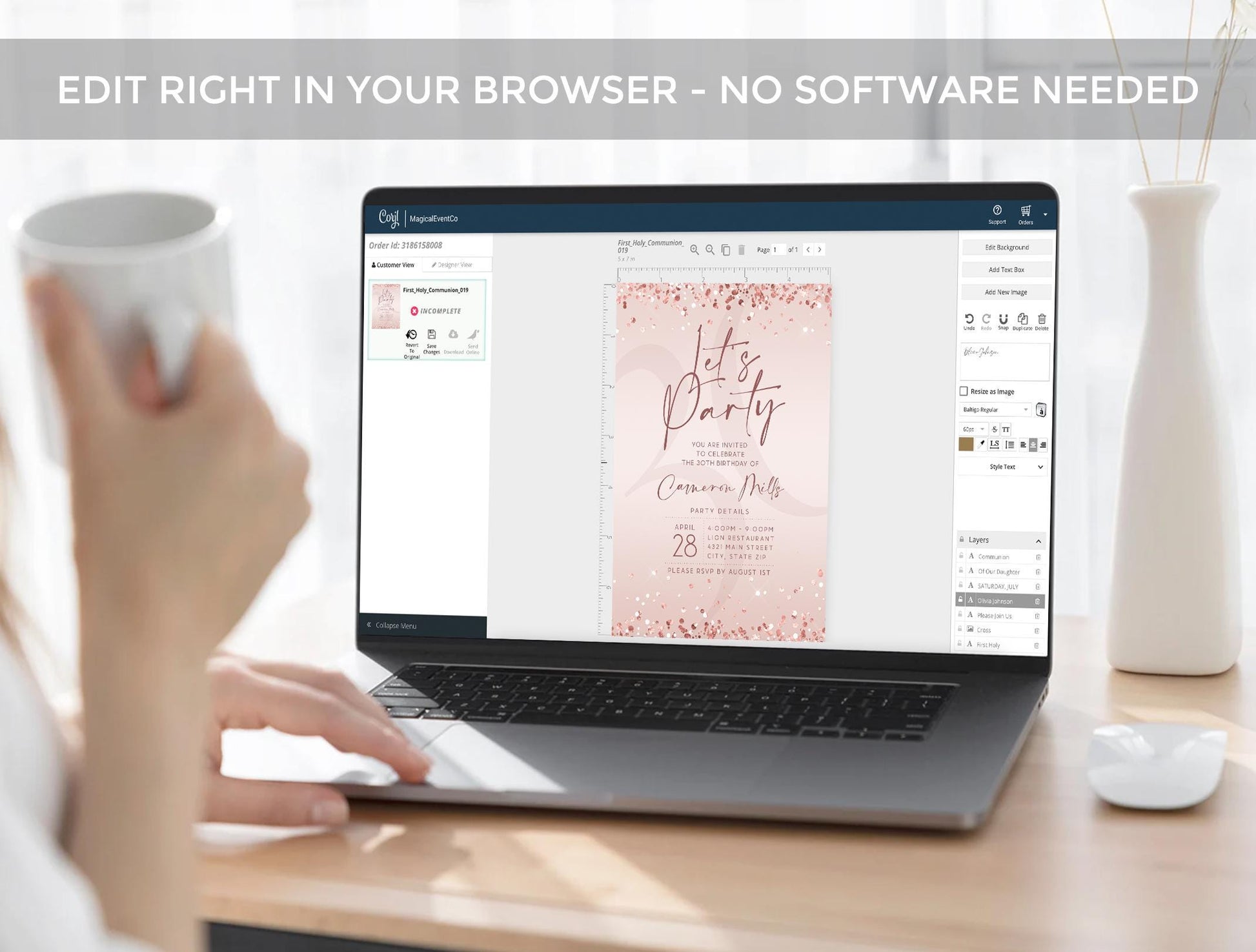 Editable Christening Invitation Card Template, Greenery Christening Invite, Boy Girl Christening Invitation, Digital Gold Foil Leves Baptism