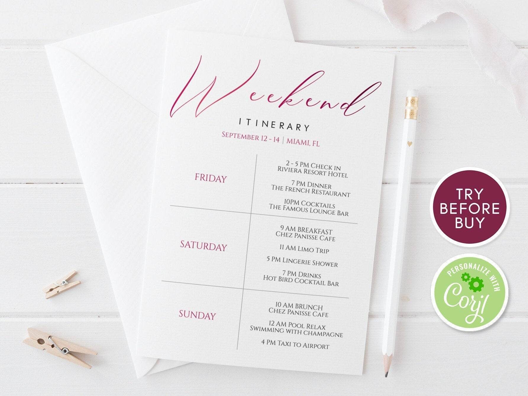 Pink Itinerary Template, Printable Bachelorette Itinerary, Weekend Itinerary Birthday Weekend Editable Hens Party Rose Gold Instant Download