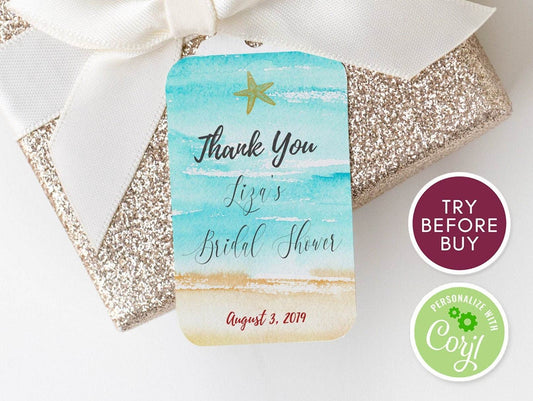 Beach Thank You Tag, Watercolor Beach Bridal Shower Tags, Ocean Bridal Shower, Starfish Bridal Shower, Editable Template, Printable Favors