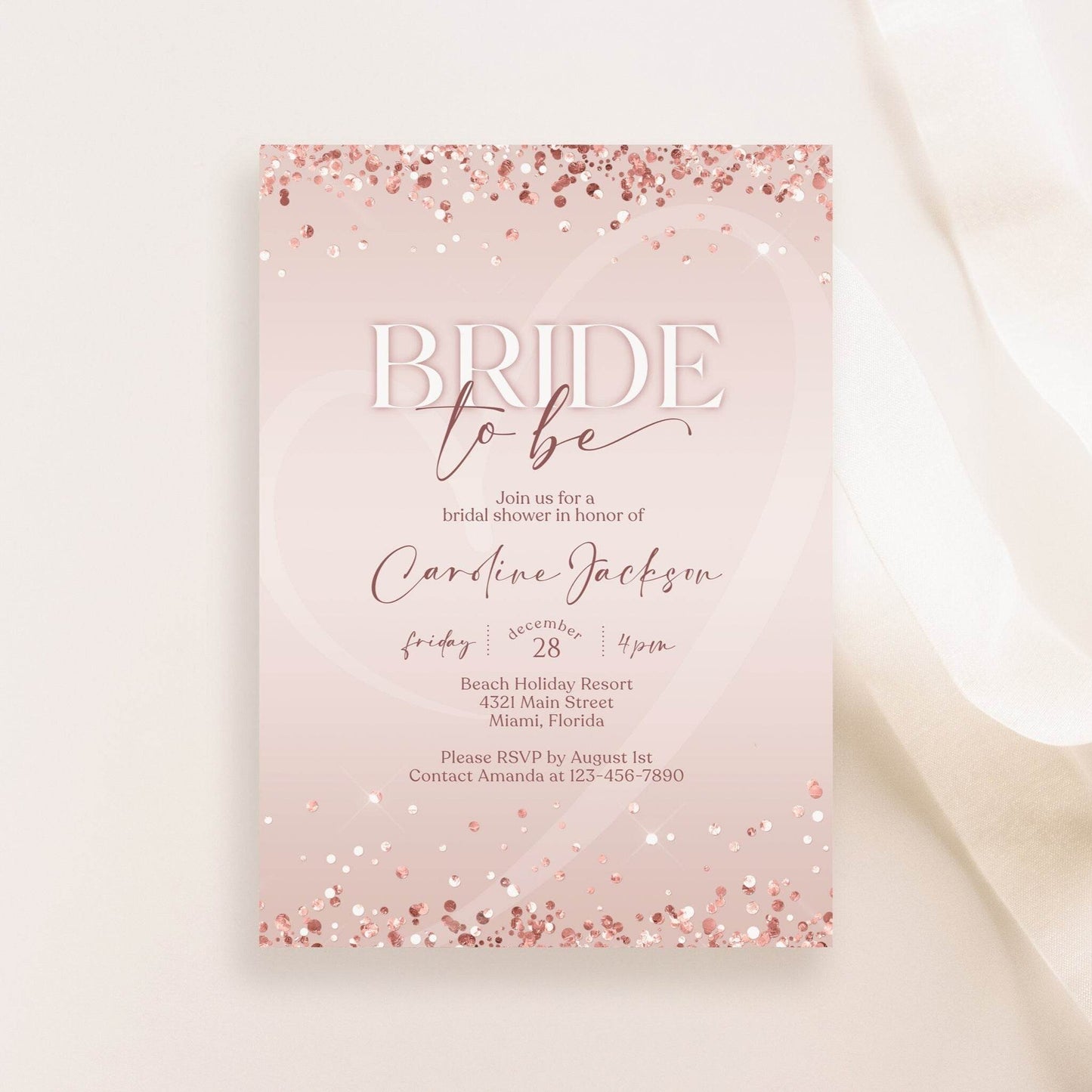 Editable Bride-to-Be Invitation Template – Blush Pink & Rose Gold Confetti Bridal Shower Invite | Digital Text or Email Evite | Instant Download