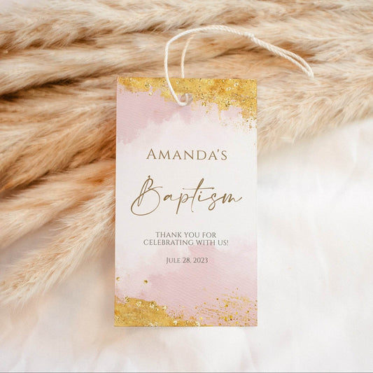 Girl Baptism Thank You Tag Template – Editable Pink Gold Favor Tag – Watercolor Printable Digital Baptism Tag – Instant Download