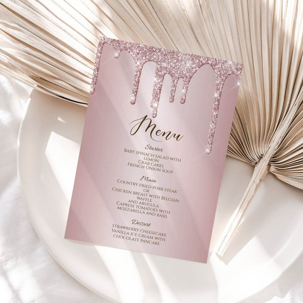 Printable Rose Gold Glitter Menu | Editable Wedding & Birthday Menu Template | Digital Calligraphy Menu Card Download