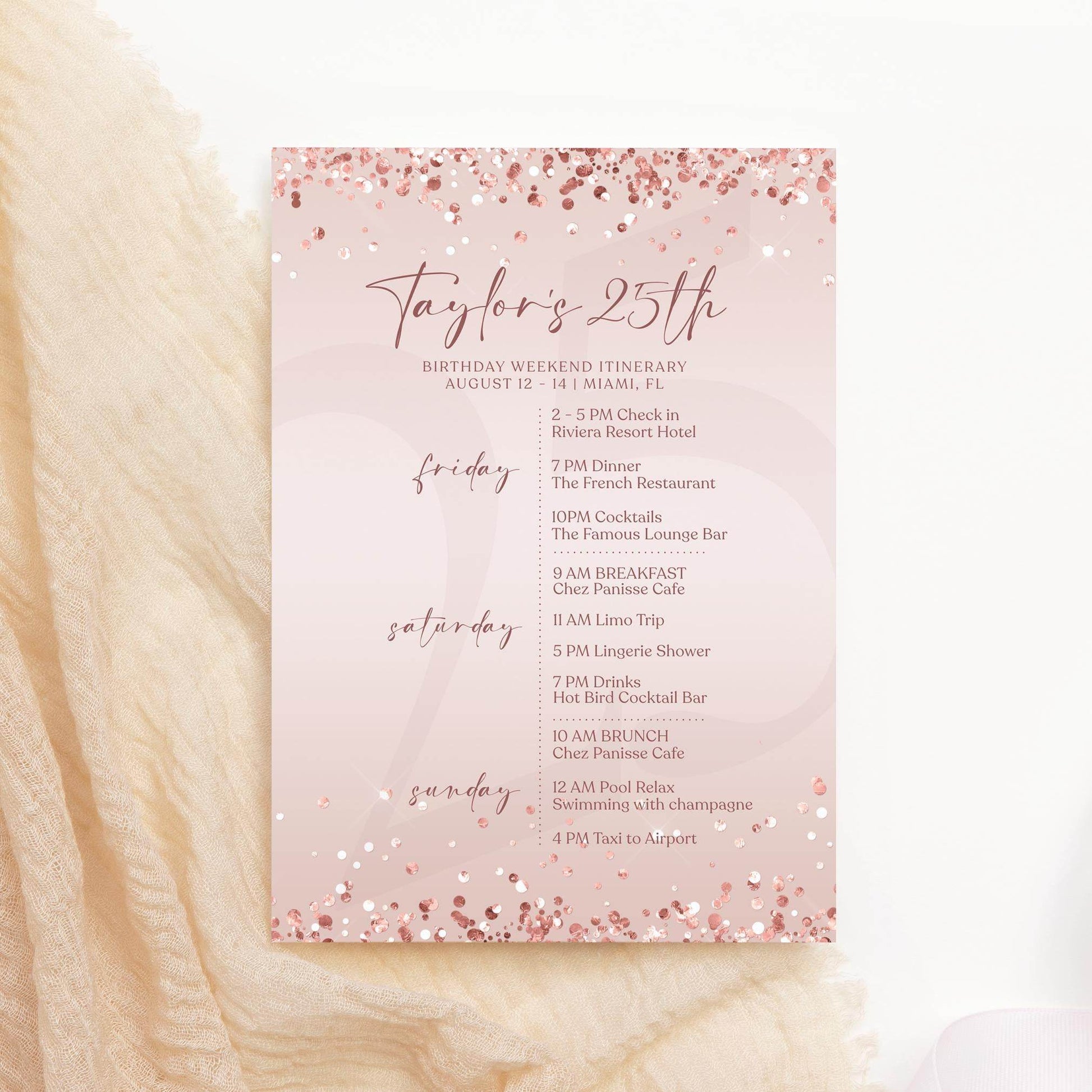 Editable Rose Gold Ladies Birthday Itinerary Template, Printable Woman Party Any Age Itinerary, Luxury Weekend Itinerary, Email Text Message
