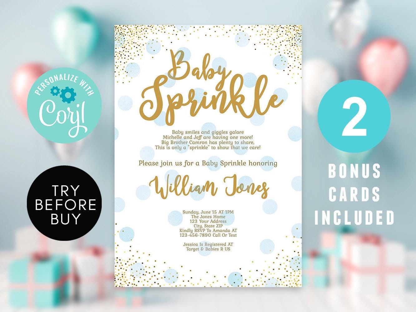 Blue and Gold Baby Sprinkle Invitation Boy, Blue Baby Sprinkle Invite Bundle, Boy Baby Shower Printable Editable Invitation Template