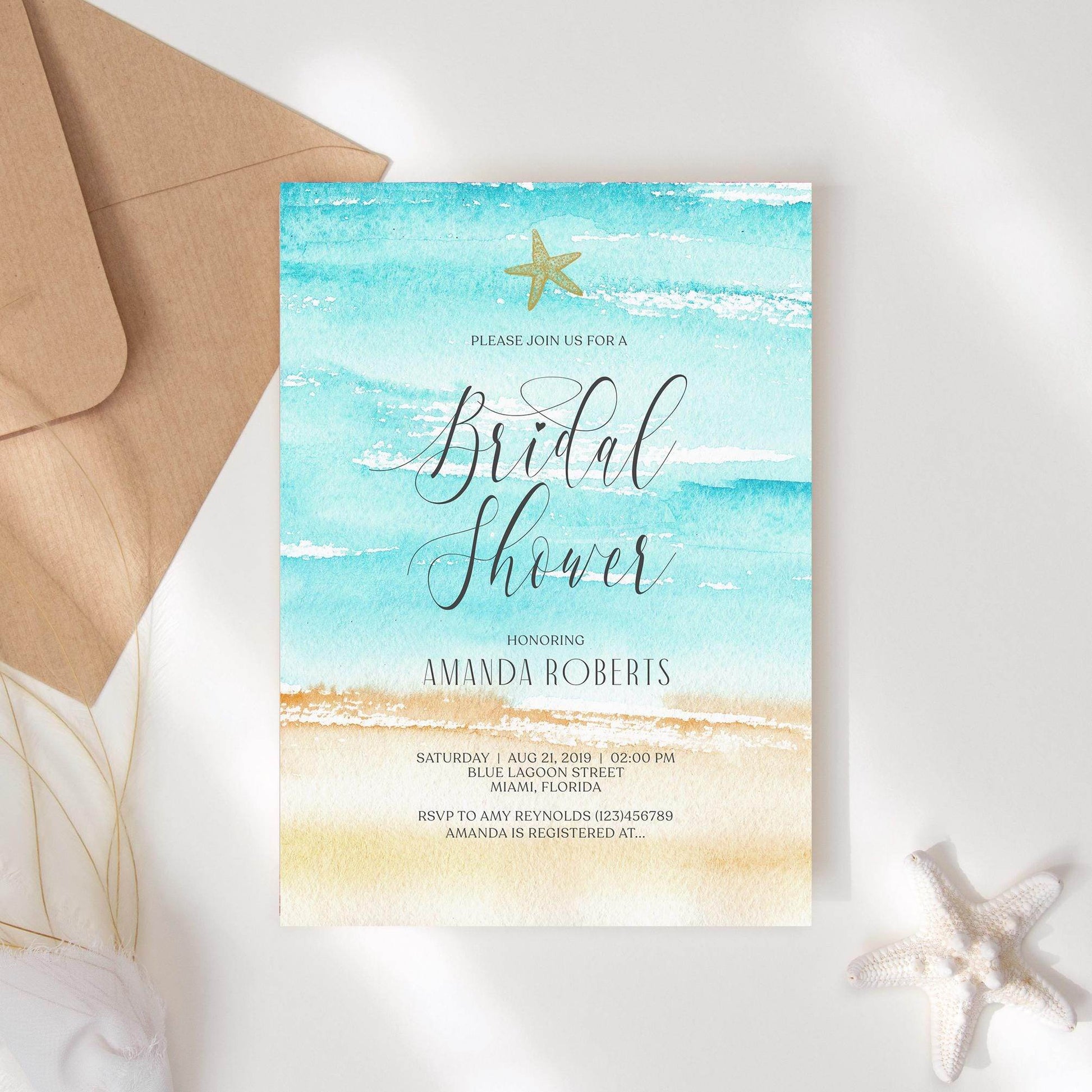 Editable Watercolor Beach Bridal Shower Invitation – Starfish Beach Theme Invite – Printable Bridal Shower Template – Instant Download