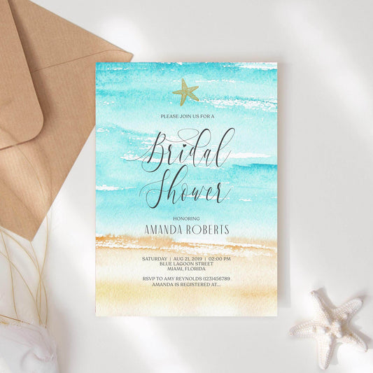 Editable Watercolor Beach Bridal Shower Invitation – Starfish Beach Theme Invite – Printable Bridal Shower Template – Instant Download