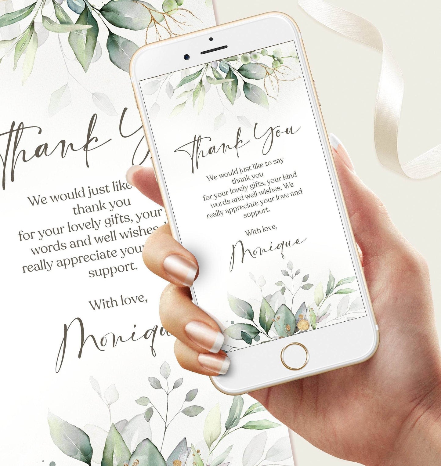 Greenery Electronic Thank You Card Template, Editable Baby Shower eCard, Digital Thank You Note, Instant Download Text Message Evite