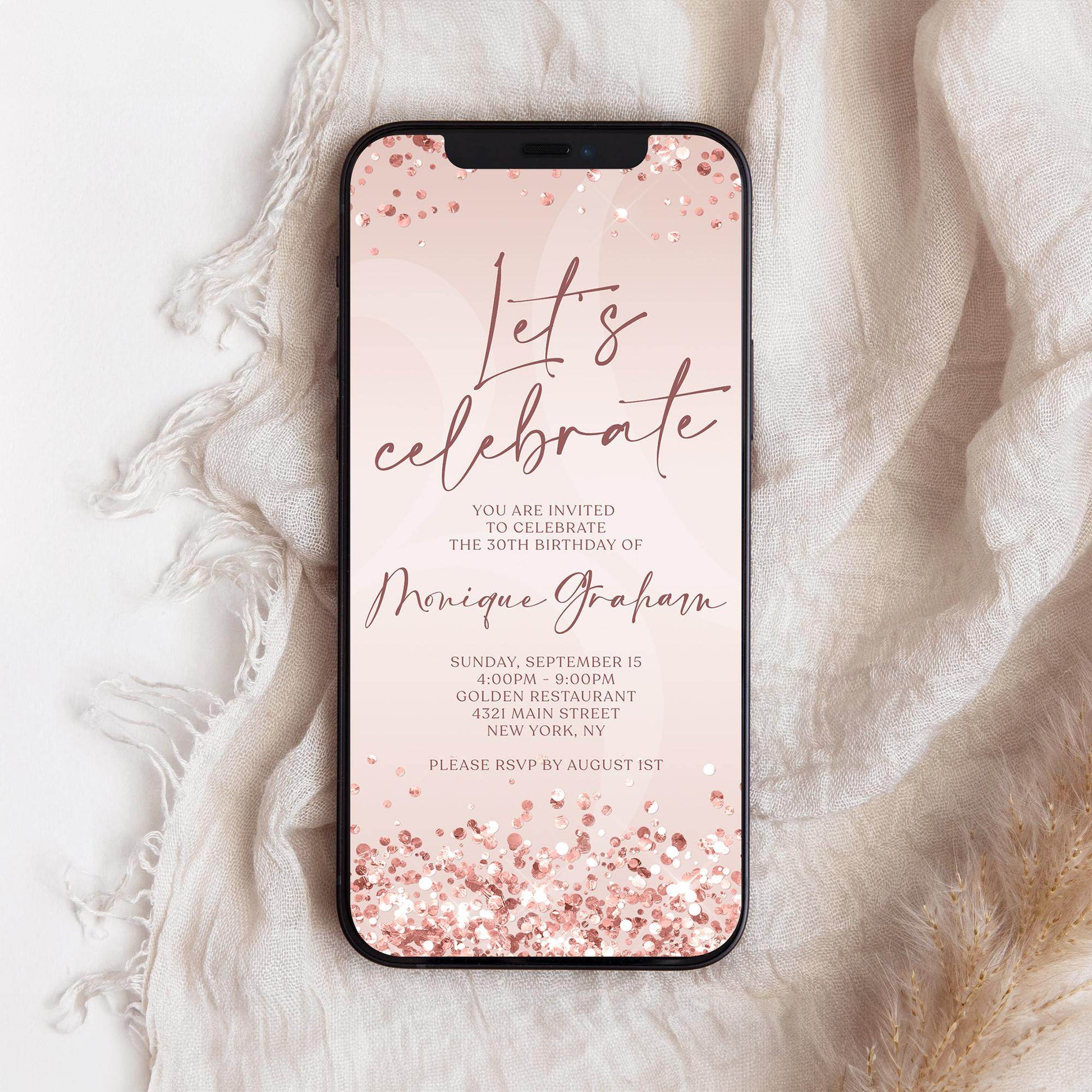 Let’s Celebrate Invitation Template, Digital Rose Gold Birthday Invite, Editable Pink Electronic Birthday Evite, Text Message Invitation, Instant Download