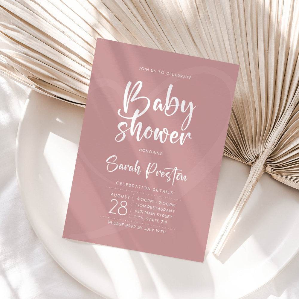 Minimalist Dusty Rose Baby Shower Invitation – Editable Printable Invite for Girl | Modern Simple Baby Shower Evite | Text or Email Template