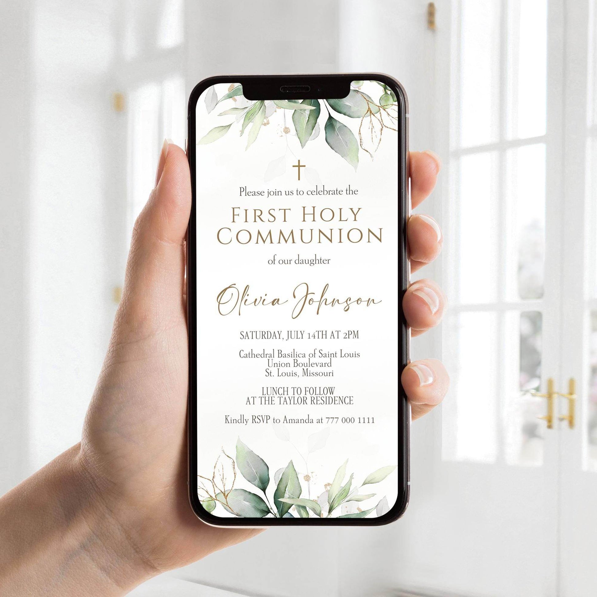 Digital Greenery First Communion Invitation Template, Editable Boy or Girl First Holy Communion Evite, Instant Download
