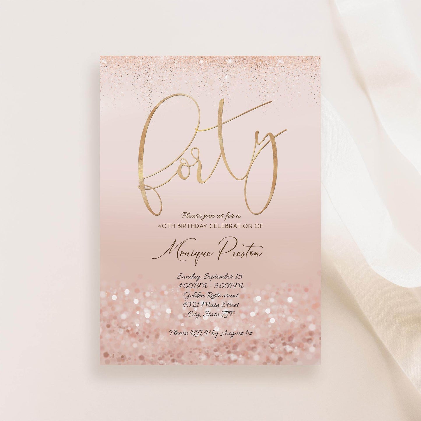 Rose Gold 40th Birthday Invitation Template, Editable Ladies Surprise Party Invite, Printable Pink Evite, Digital Text Message Download