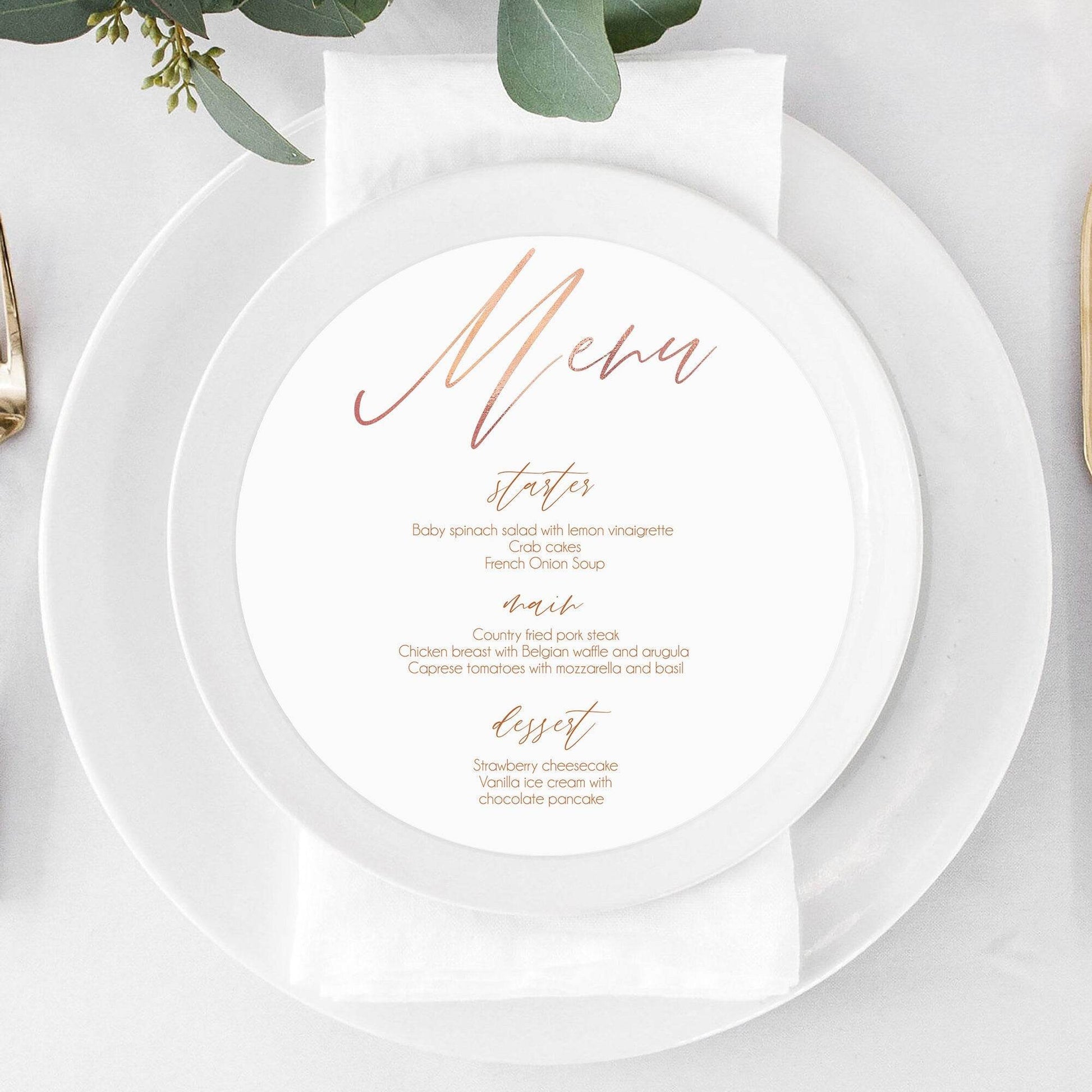 Rose Gold Round Wedding Menu, Circle Menu Template, Editable Calligraphy Dinner Menu, Printable DIY Wedding Menu, Instant Download