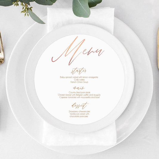 Rose Gold Round Wedding Menu, Circle Menu Template, Editable Calligraphy Dinner Menu, Printable DIY Wedding Menu, Instant Download