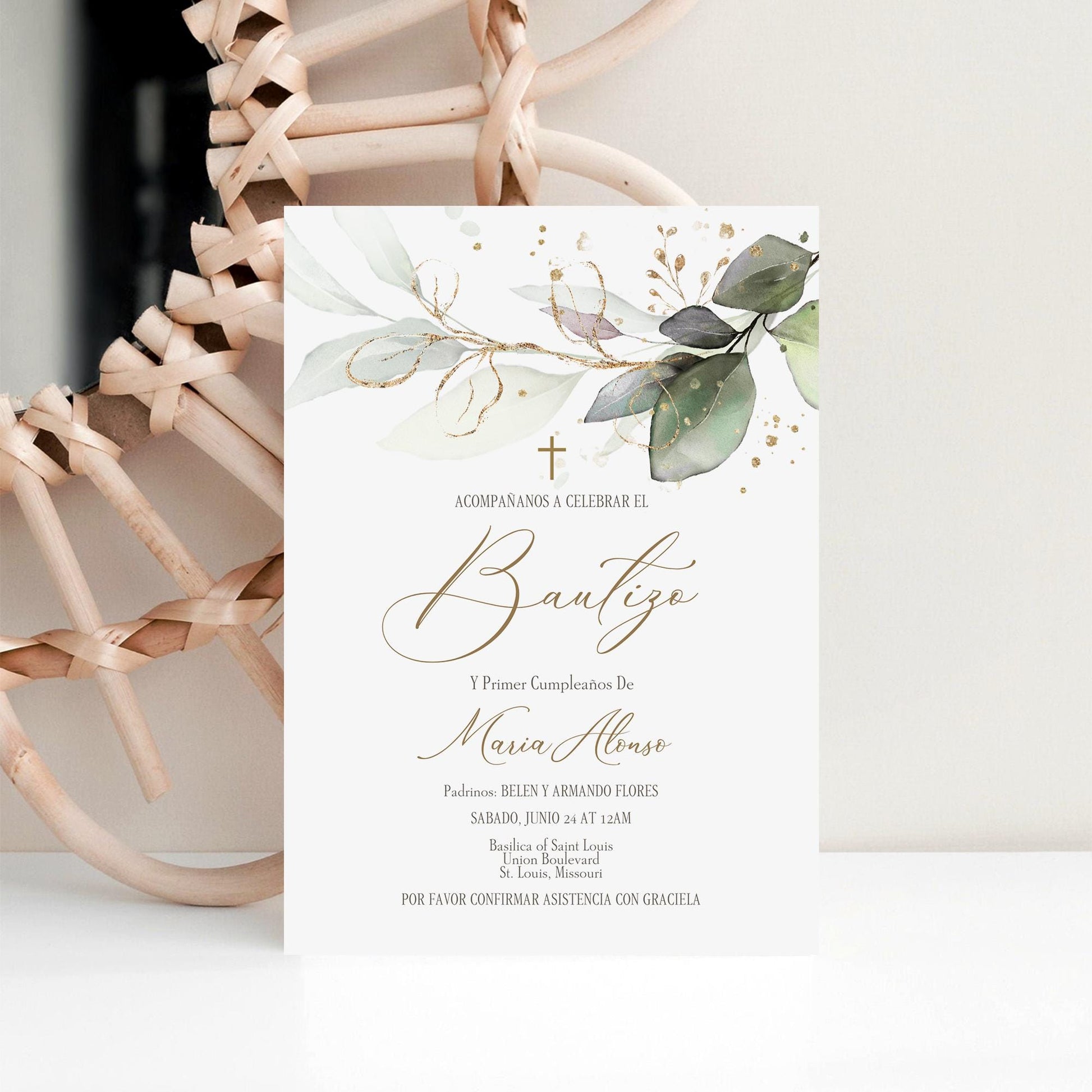 Invitacion de Bautizo, Bautizo Invitations Nino o niña, Invitación en Español, Mi Bautizo Invitation, Greenery Baptism Invitation Template