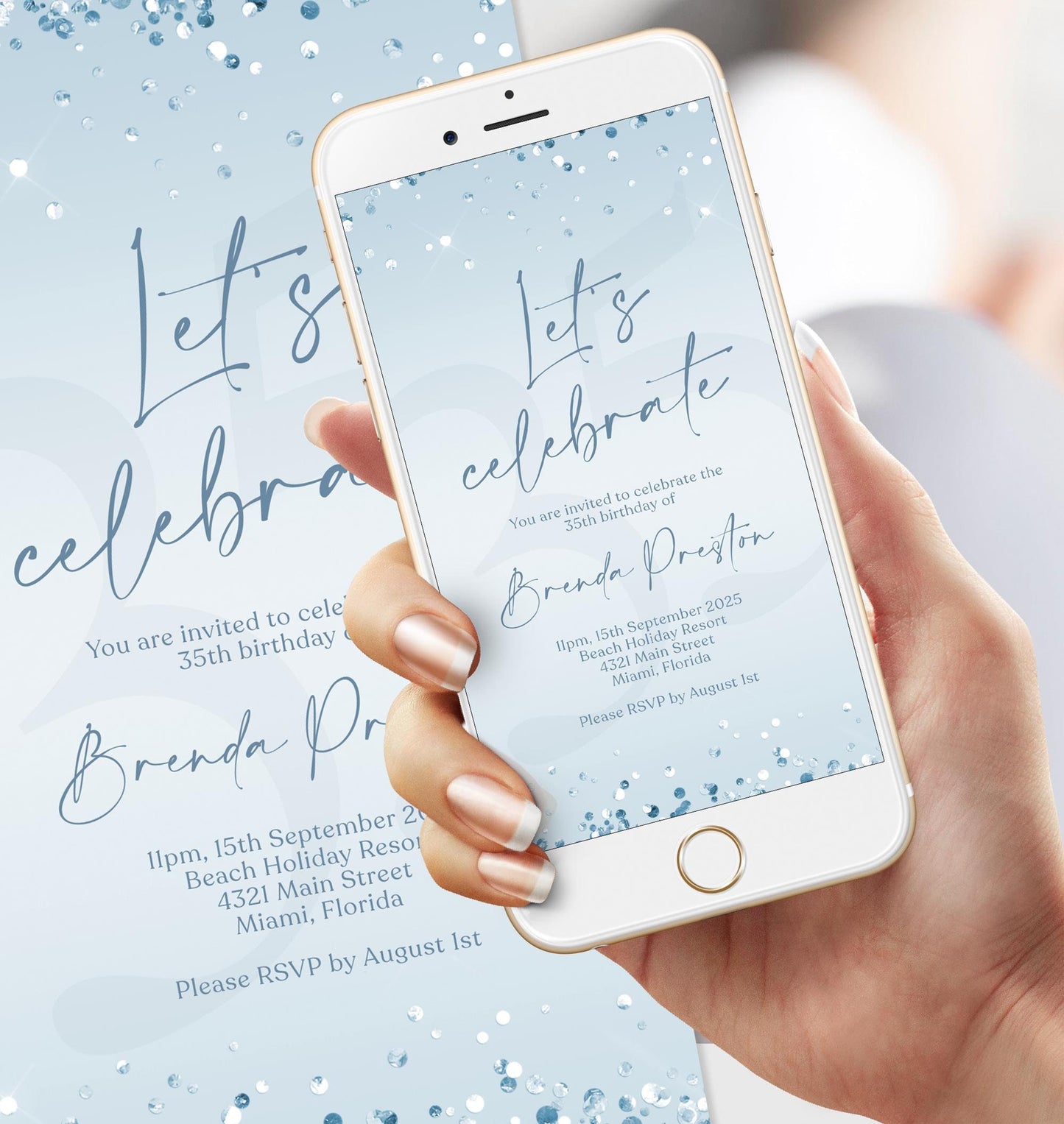 Electronic Let's Celebrate Blue Silver Invitation Template, Digital Confetti Birthday Invite, Editable Text Message Evite, Any Age Birthday