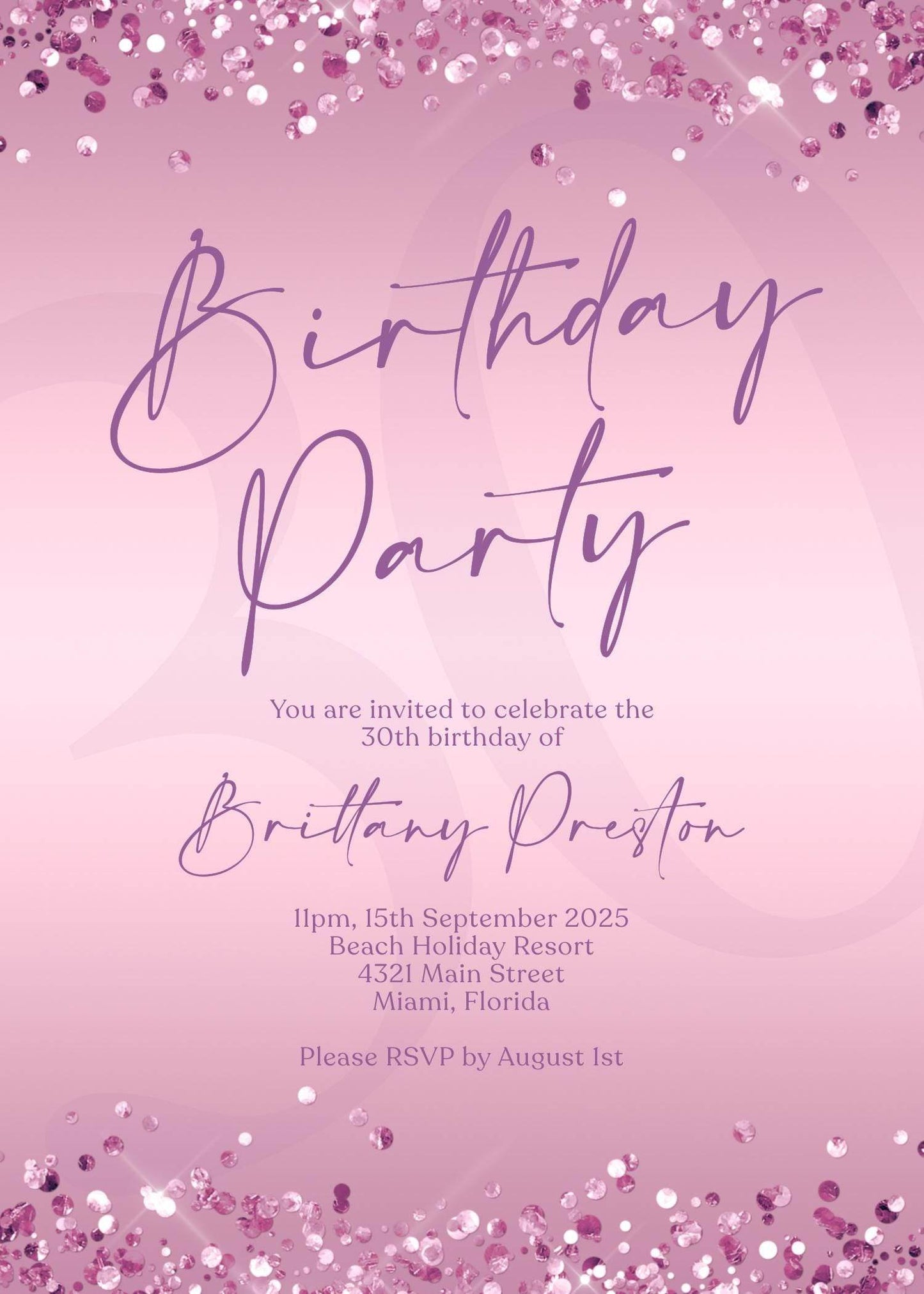 Editable Purple Birthday Party Invitation Template, Printable Woman Birthday Invite, Any Age Birthday Card Invite, Modern Email Text Message