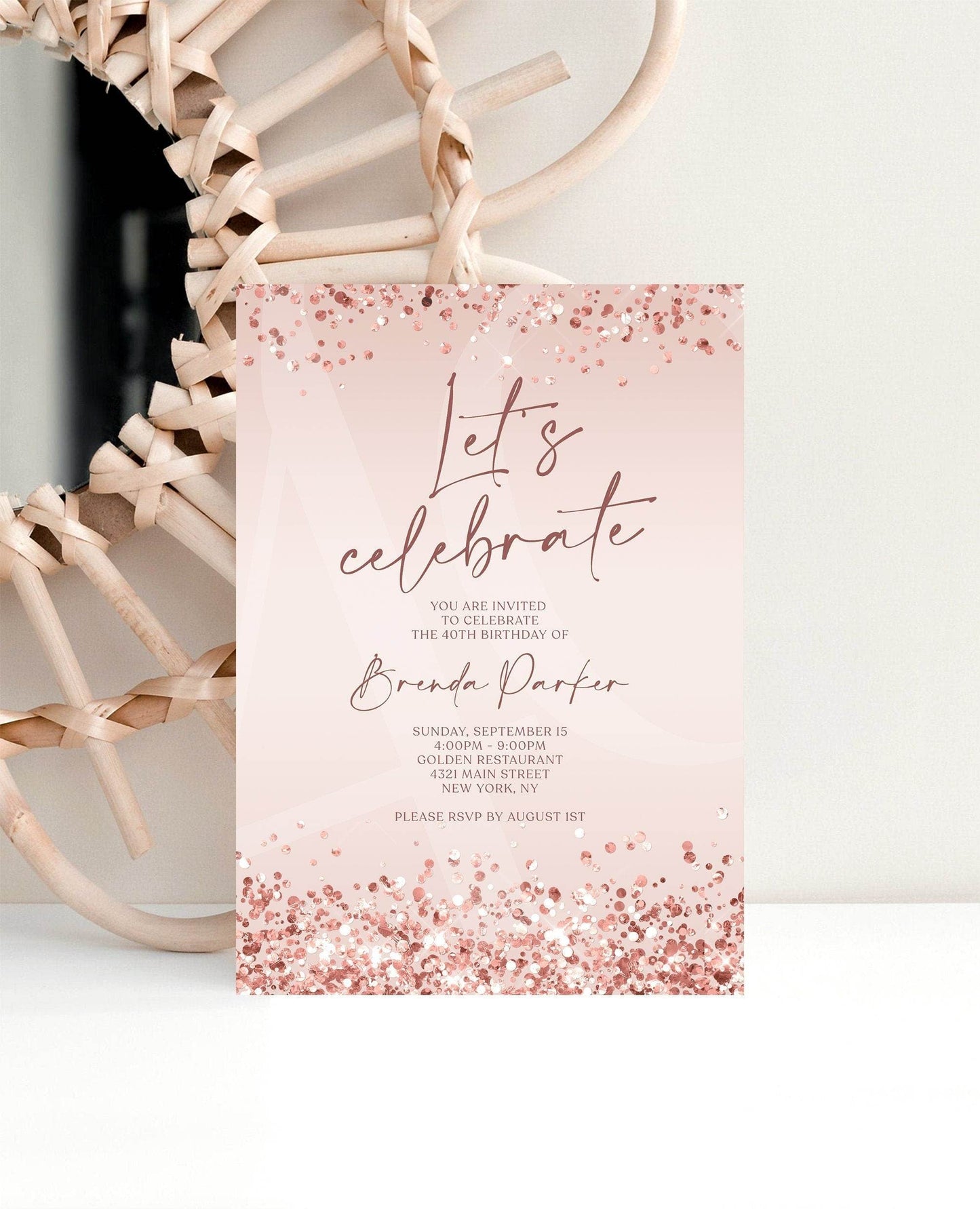 Printable Rose Gold Let’s Celebrate Birthday Invitation Template, Editable Any Age Invite, Digital Text Message Evite, Instant Download