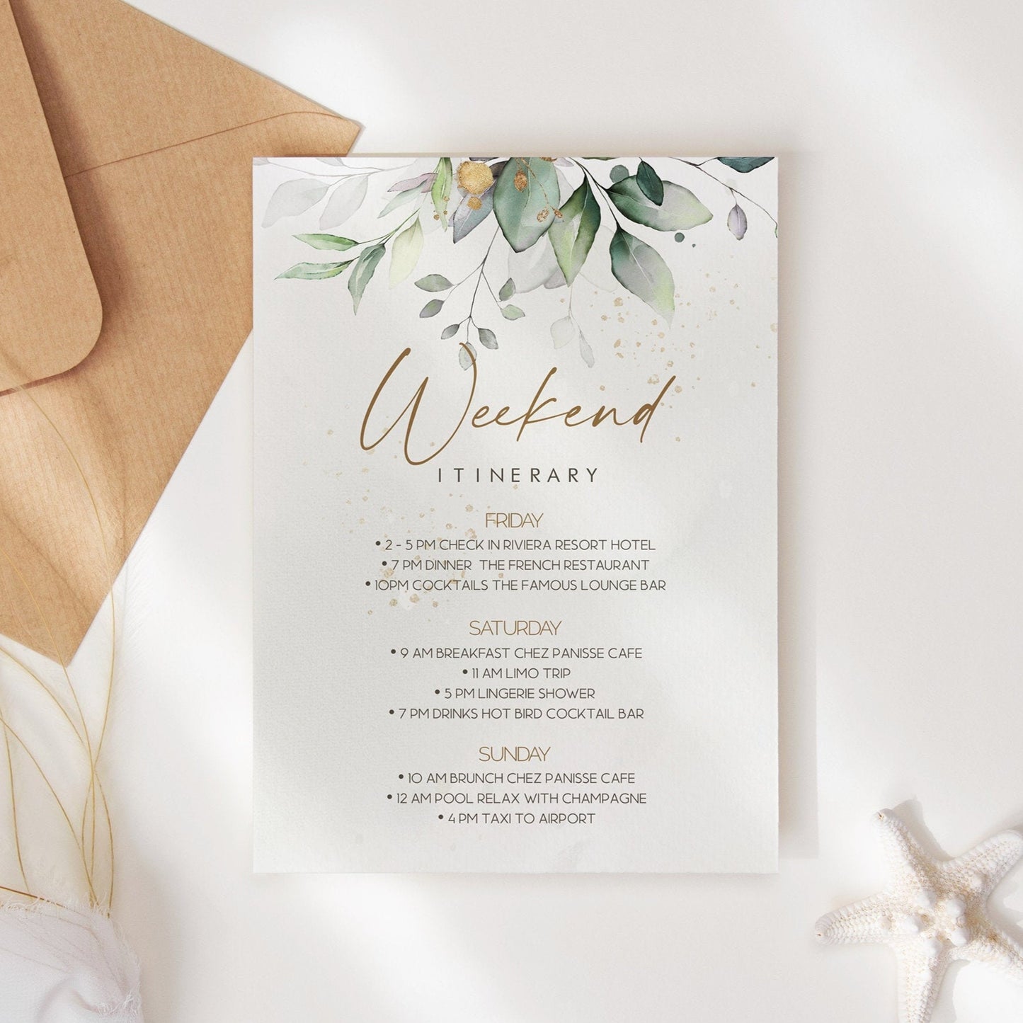 Printable Greenery Watercolor Weekend Itinerary, Bachelorette Itinerary, Birthday Itinerary, Editable Template, Weekend Itinerary, Hen Party