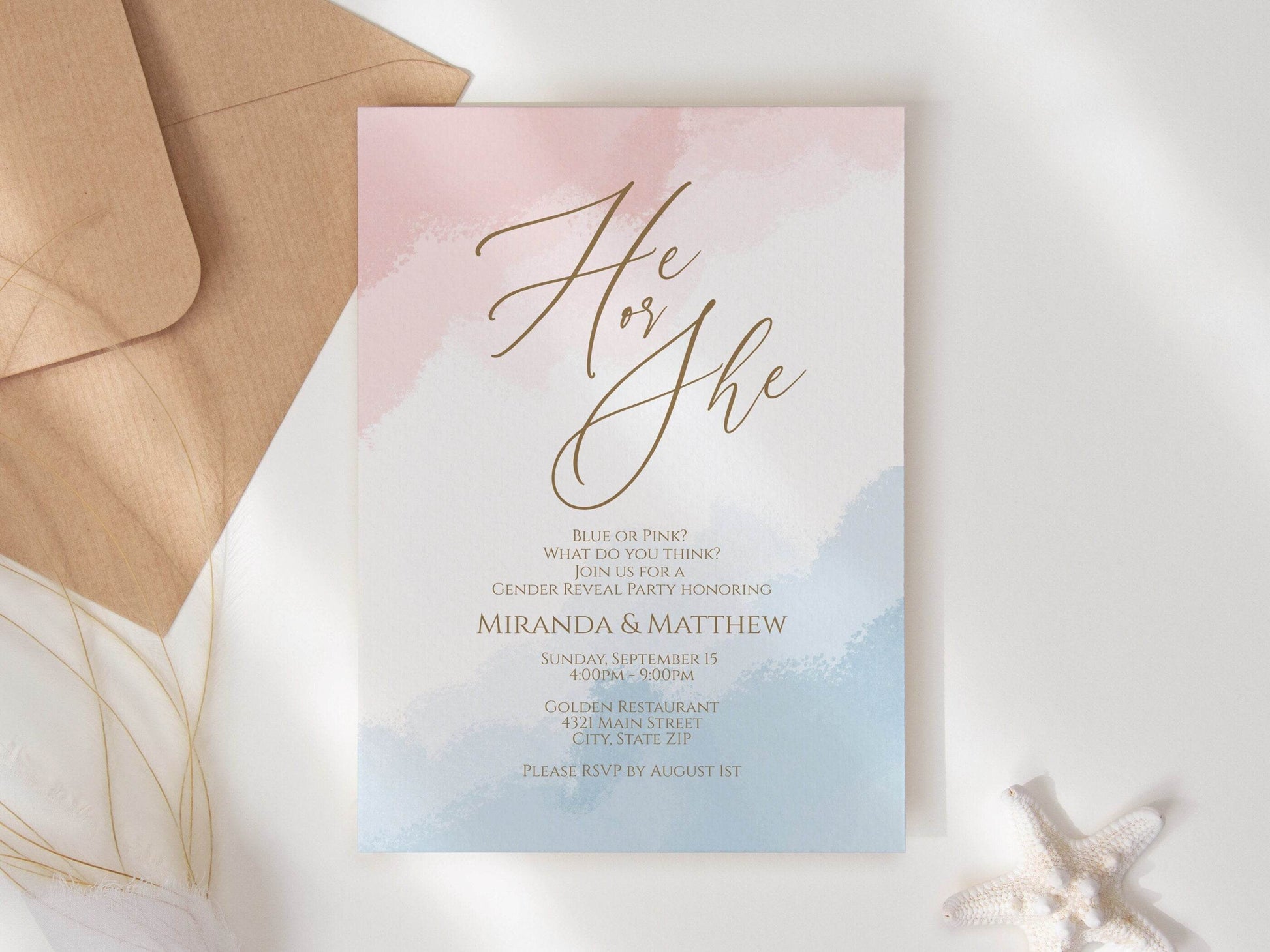 Printable Gender Reveal Invitation Template, He or She Neutral Baby Shower Invite, Boy or Girl Editable Invitation, Pink Blue Watercolor