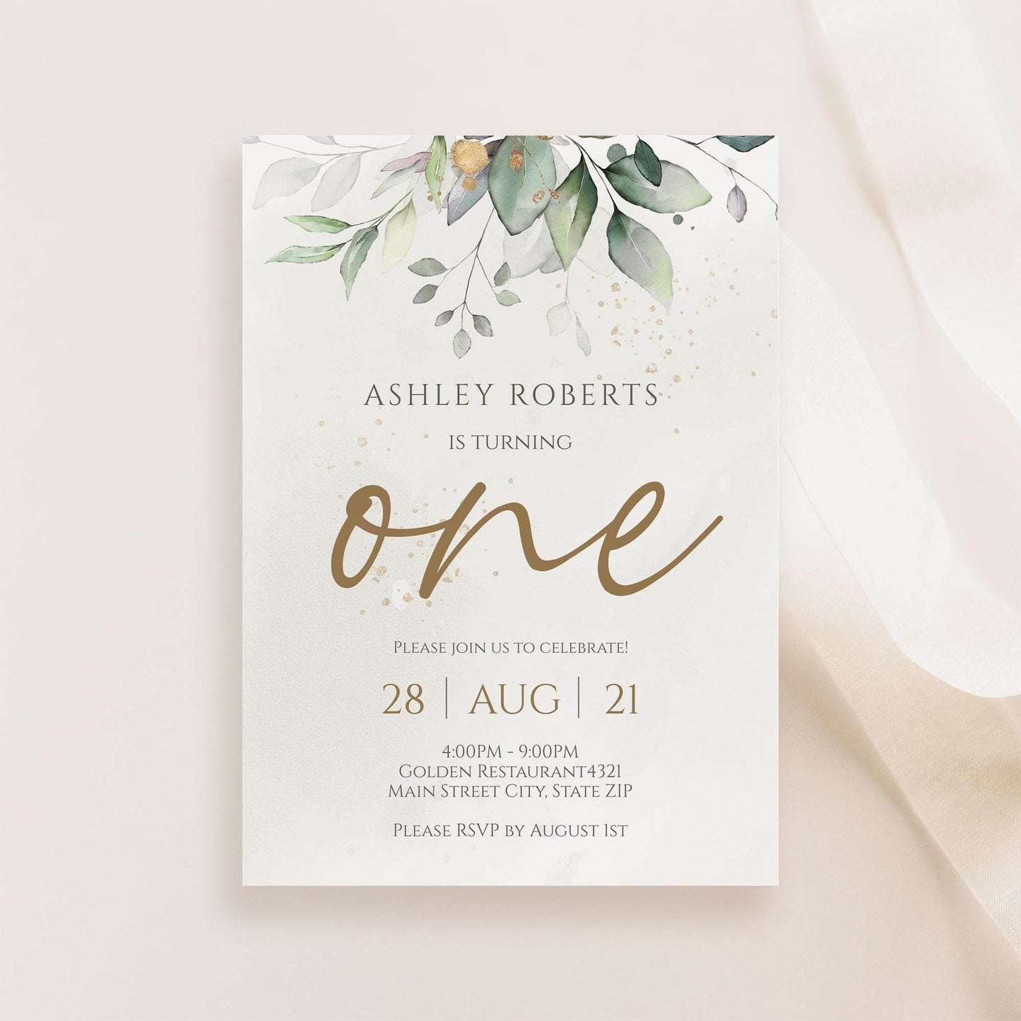 Baby One First Birthday Invitation Template, Editable Greenery Eucalyptus Boho Invite, Printable 1st Birthday Card, Instant Download