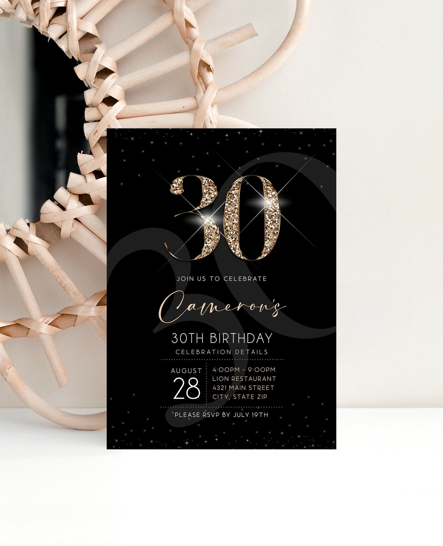 Black Gold Luxury 30th Thirty Birthday Invitation Template, Printable Men's Invite, Editable Invitation, Elegant Invite, Email Text Message