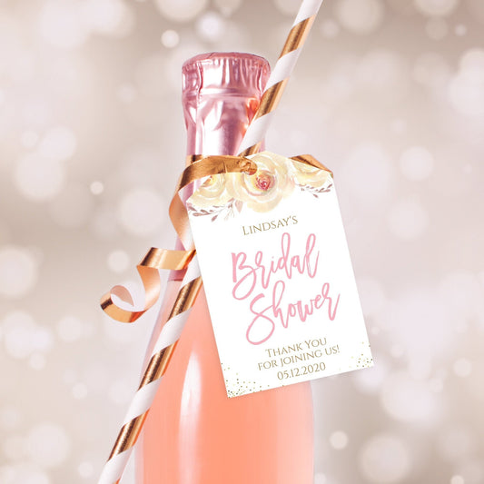 Editable Bridal Shower Thank You Tags, Mini Wine Champagne Bottle Favor, Wedding Floral Gold Confetti, Corjl Template, Instant Download DIY