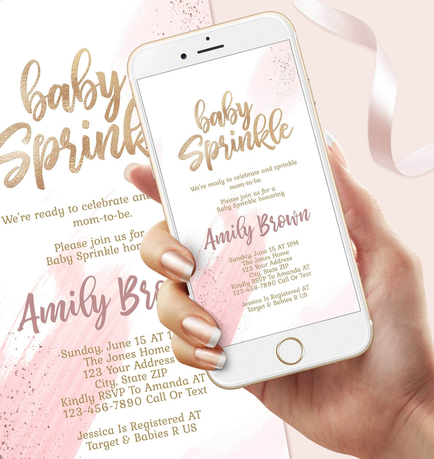 Digital Girl Baby Sprinkle text message invitation template, Rose Gold Pink Baby Shower Invite, Electronic Baby Sprinkle Invite, Phone Evite