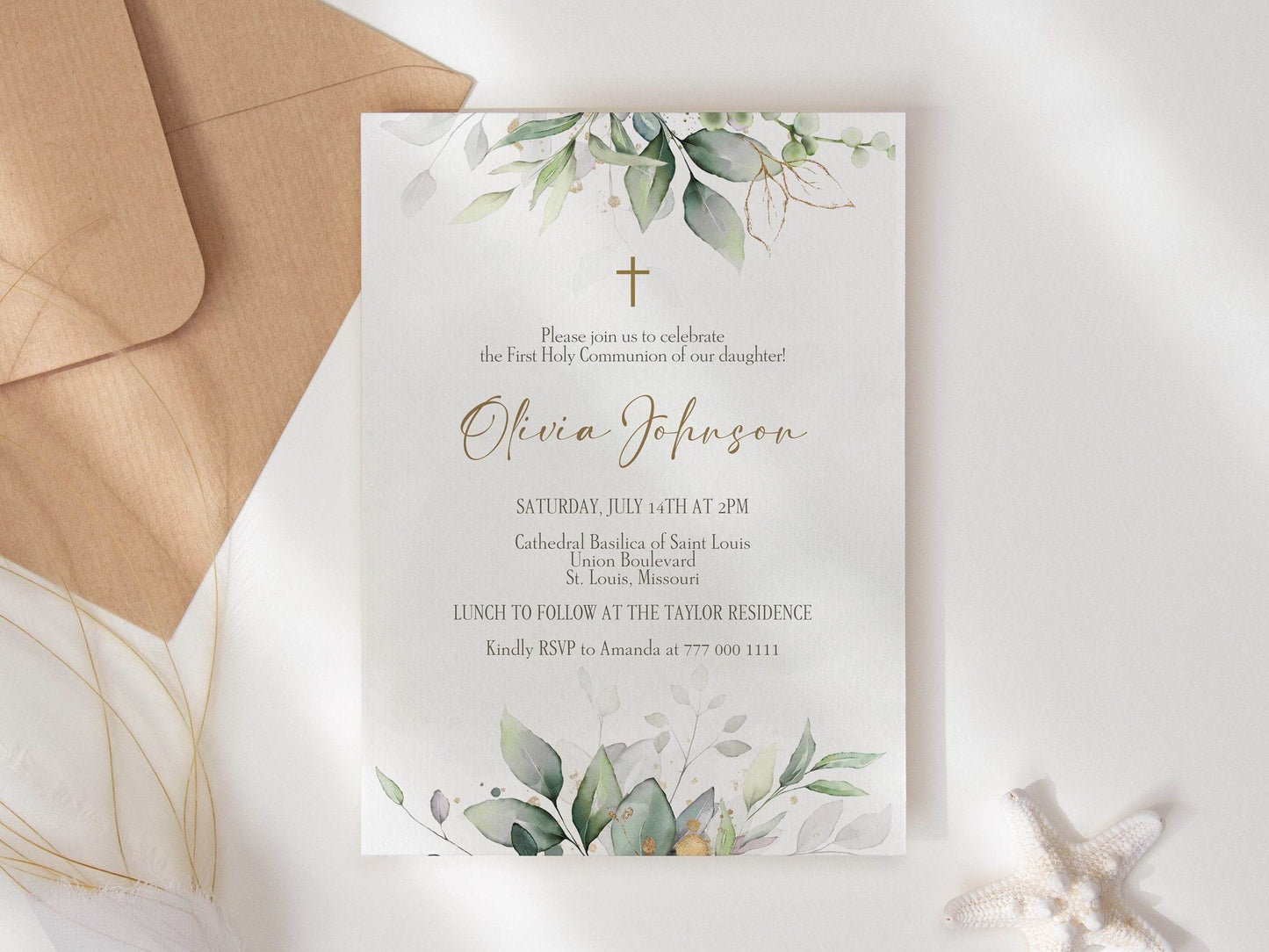 First Holy Communion Invitation Template, Greenery Watercolor Printable Invite, Editable Religious Invitation, Instant Download