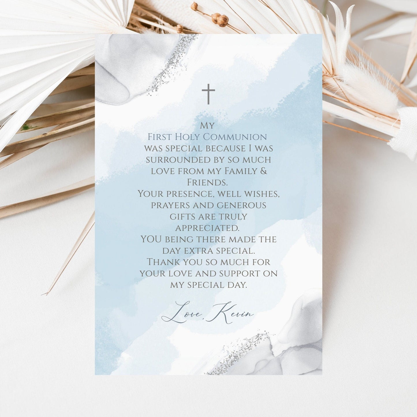 Printable Thank You Card Template, 4x6 Editable Boy First Holy Communion Thank You Note, Blue Silver Watercolor Thank You Card, Text Message