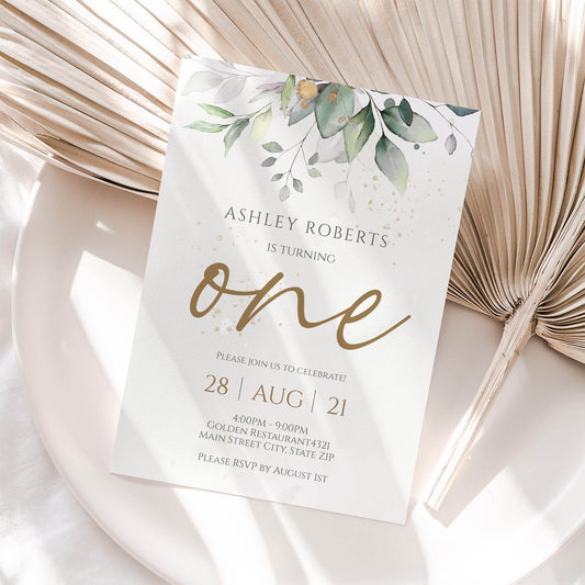 Baby One First Birthday Invitation Template, Editable Greenery Eucalyptus Boho Invite, Printable 1st Birthday Card, Instant Download