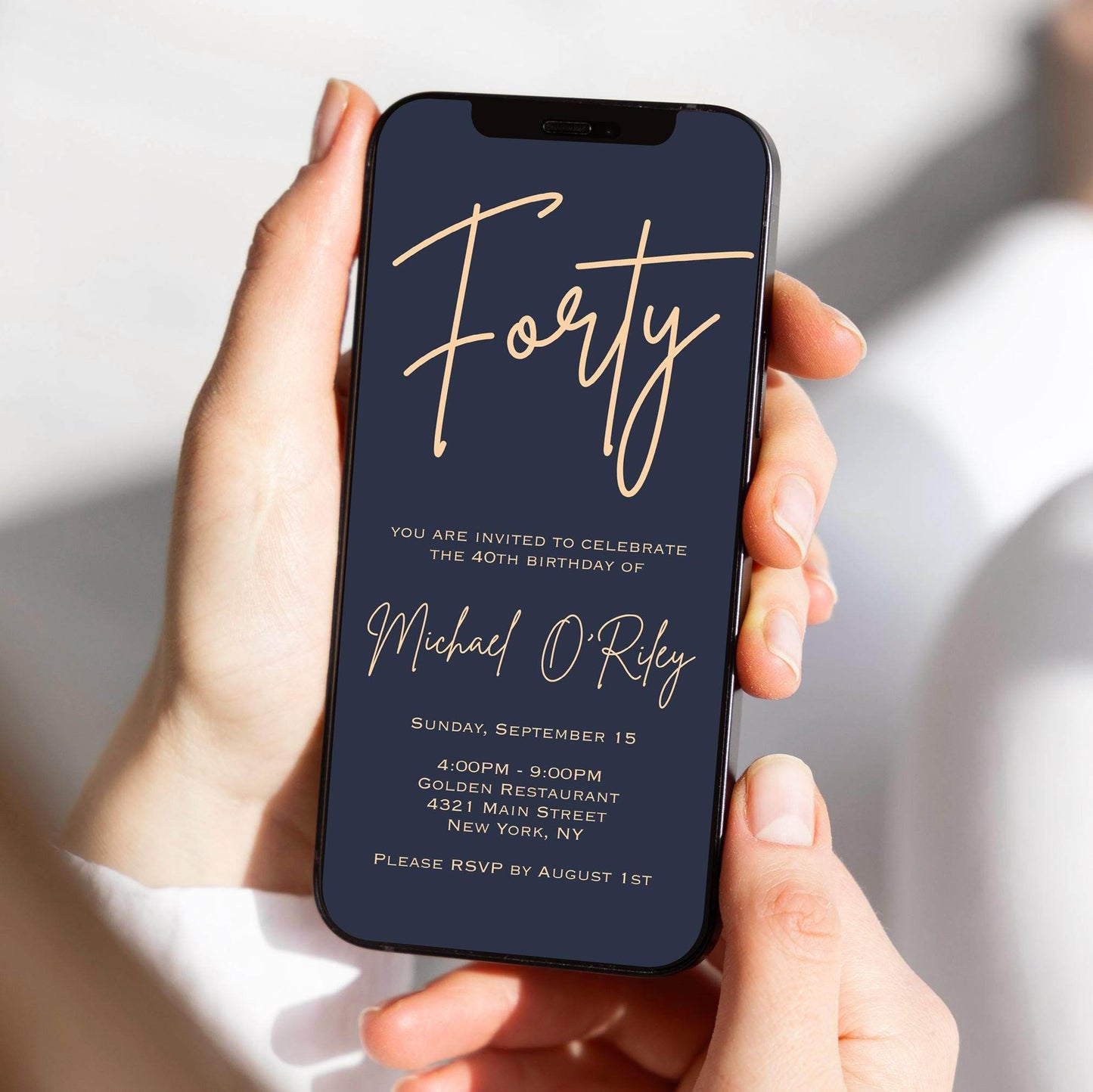 Navy Gold 40th Birthday Electronic Invitation – Editable Digital Evite Template – Text Message or Email Invite – Mens 40th Birthday Party Invite