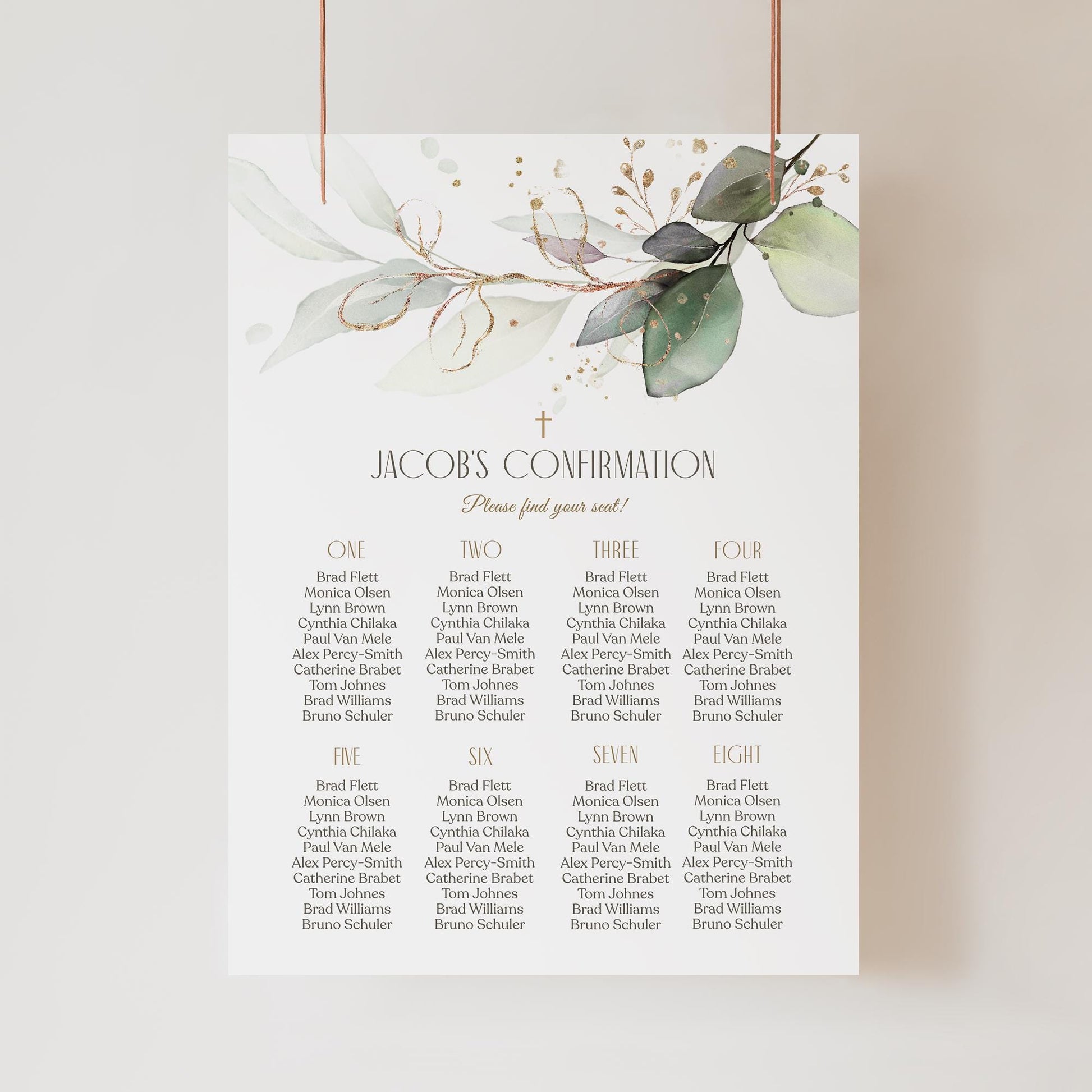 Editable Confirmation Seating Chart Sign Template, Greenery Seating Table Plan Sign, Printable Baptism Seating Chart, Boy Girl Confirmation