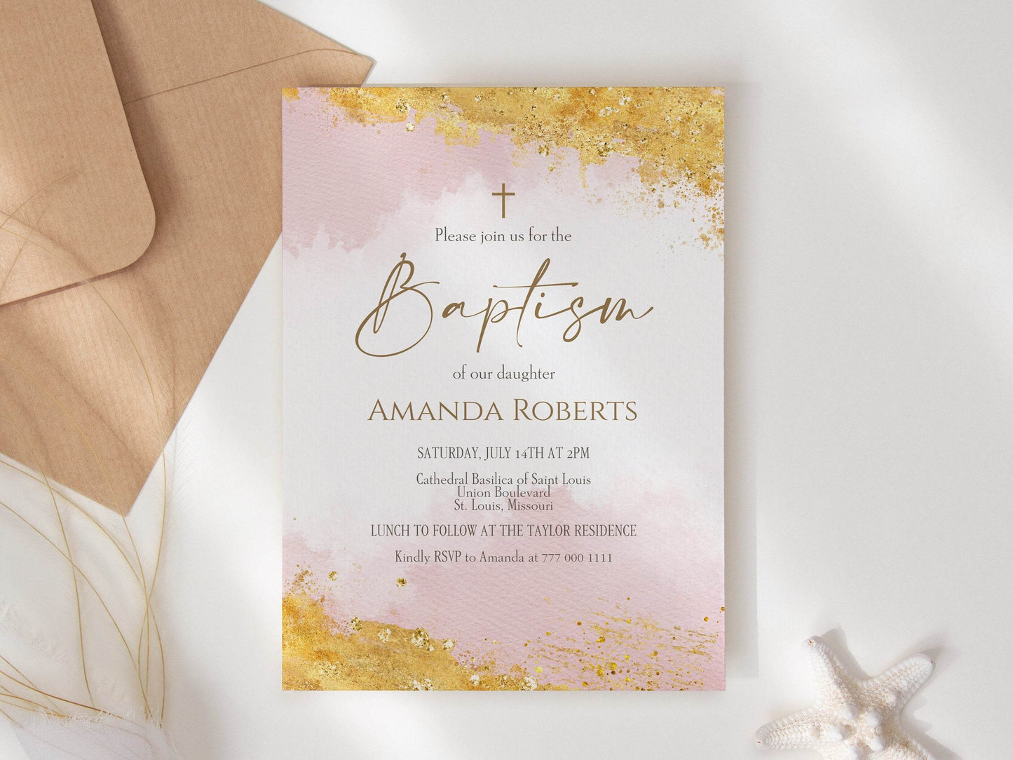 Girl Pink and Gold Watercolor Baptism Invitation Template, Editable Printable Girl Christening Invite, Email or Text Message Evite, Instant Download