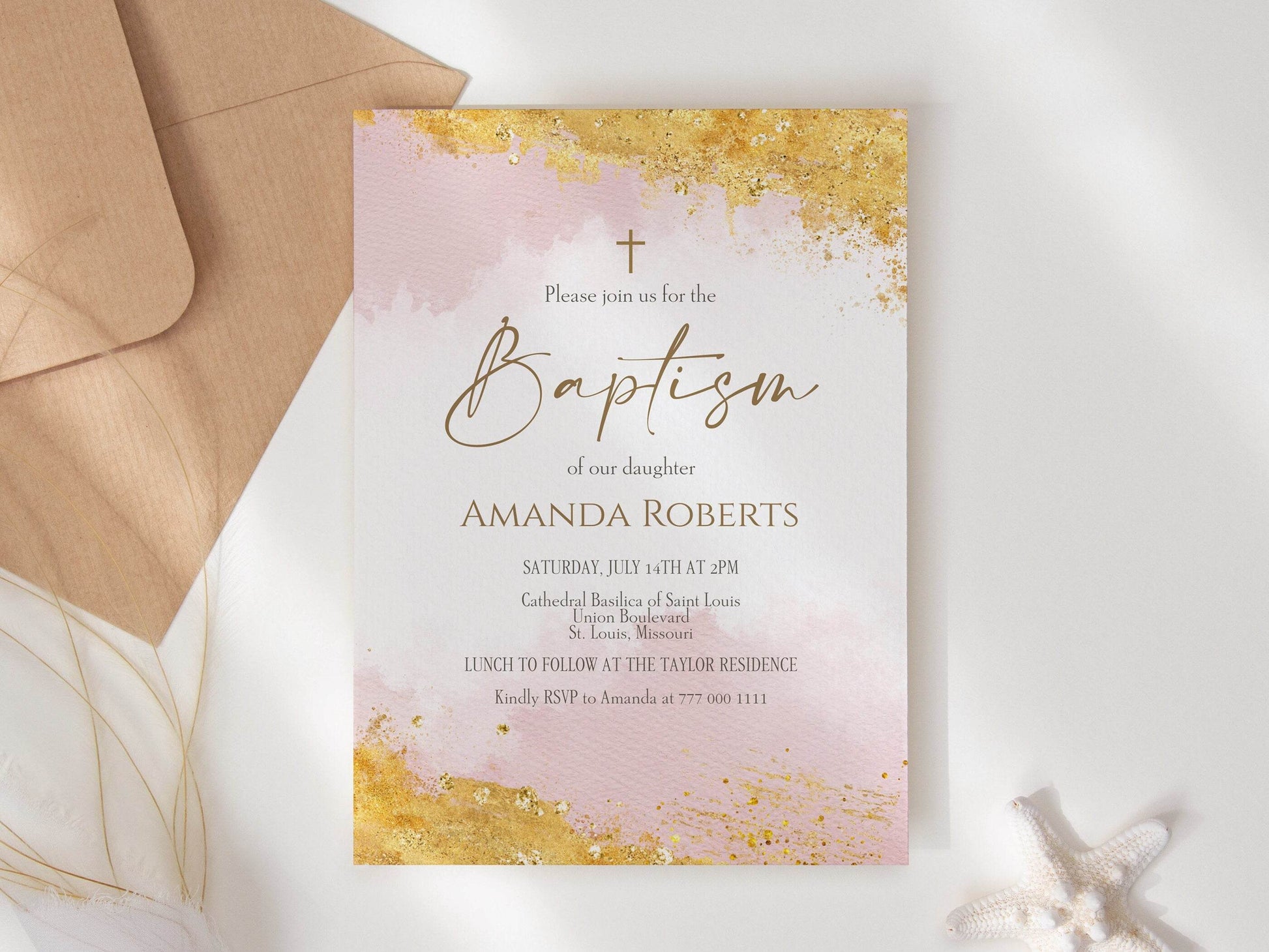 Girl Pink and Gold Watercolor Baptism Invitation Template, Editable Printable Girl Christening Invite, Email or Text Message Evite, Instant Download