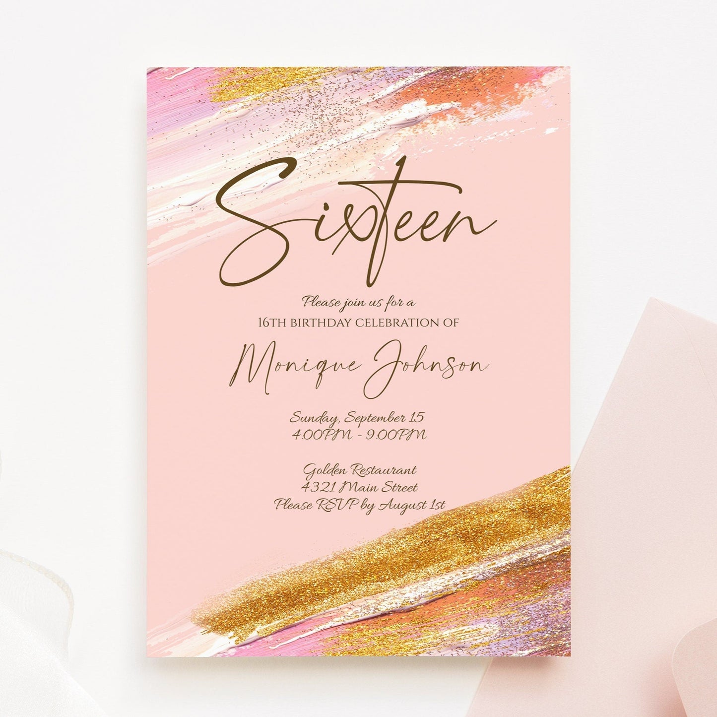 16th Birthday Invitation Template | Rose Gold Glitter | Editable PDF