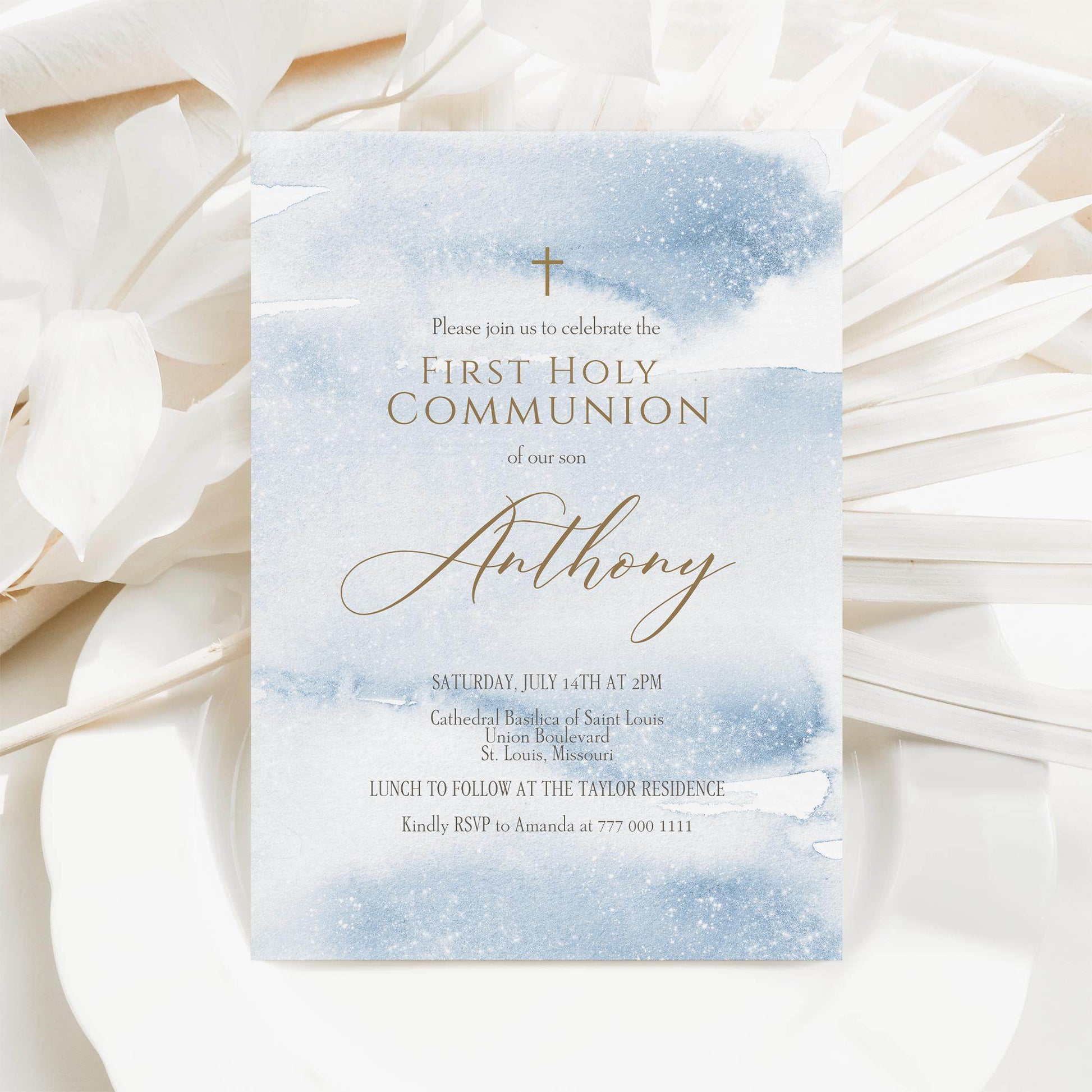 Boy Communion Invitation Template, Printable Blue Watercolor First Holy Communion Invite, Editable 1st Communion Evite, Instant Download