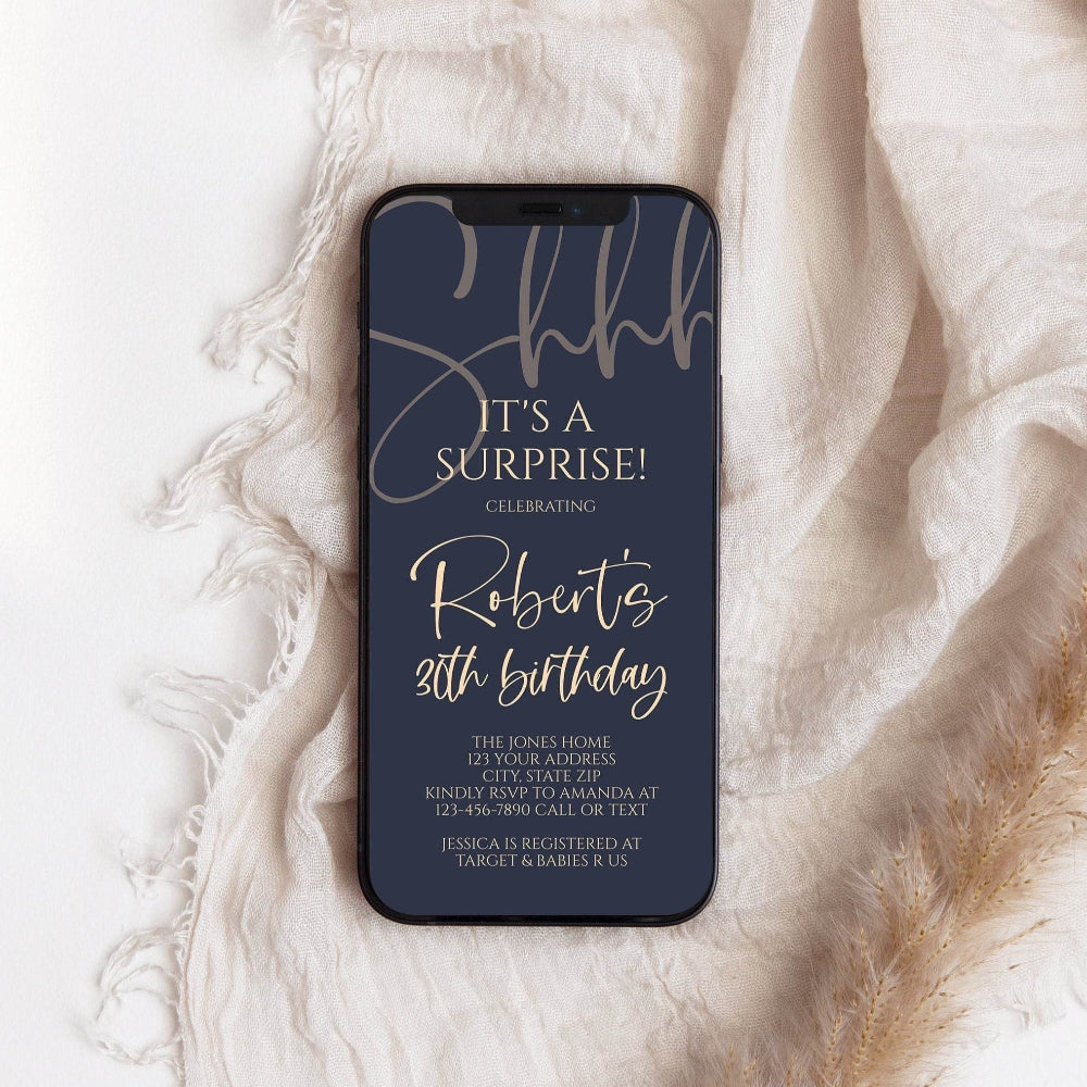 Digital Navy Gold Shhh It’s a Surprise Birthday Invitation, 30th Birthday Text Evite, Any Age Editable Phone Invite, Instant Download