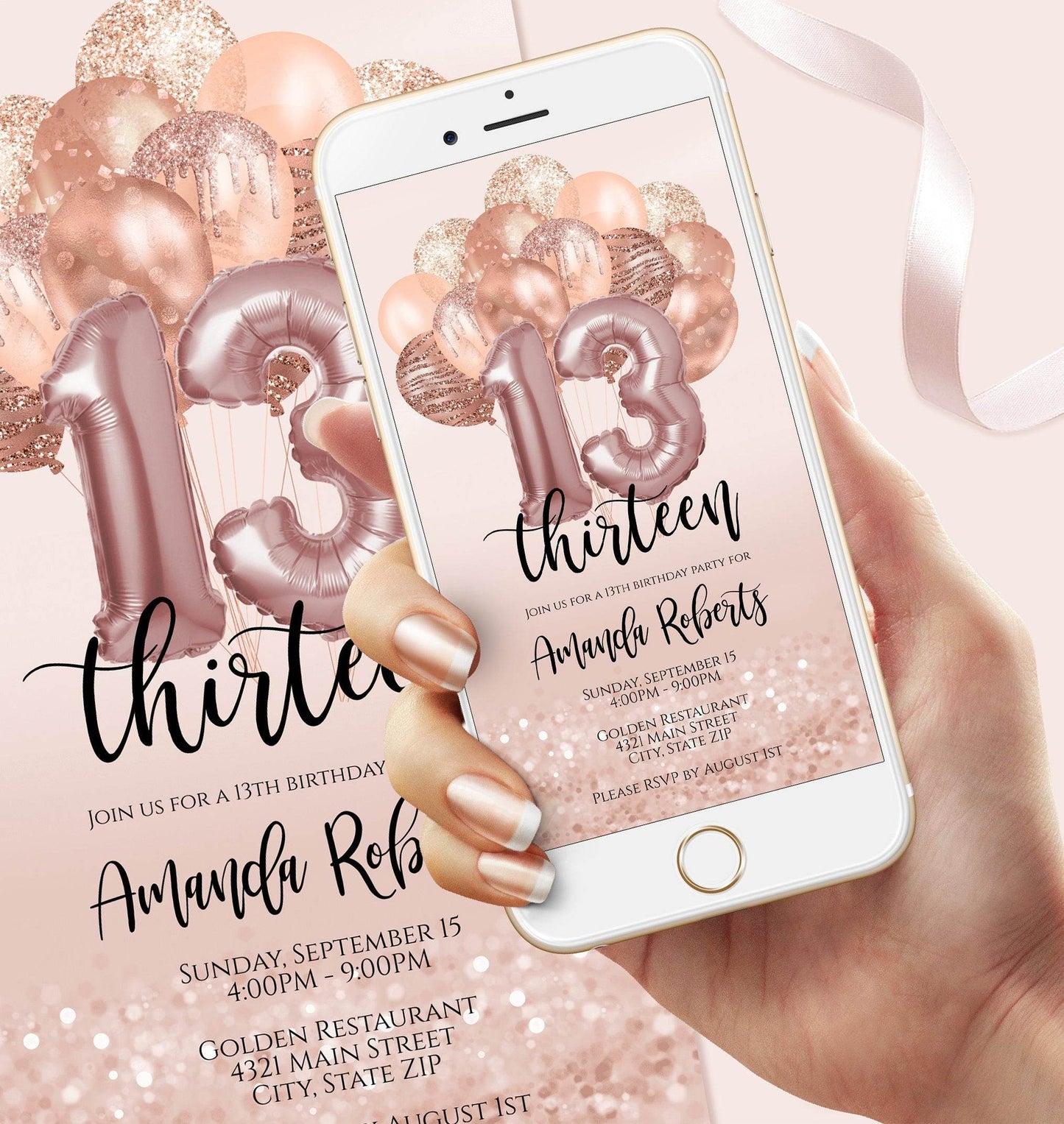 13th Girl Birthday Electronic Invite, Thirteen Editable Invite, Email Text Message, Custom Mobile Invitation, Evite, DIY Digital Template - MagicalEventCo