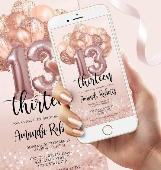 13th Girl Birthday Electronic Invite, Editable Thirteen Birthday Invitation, Email & Text Message Evite, Custom Mobile Digital Template