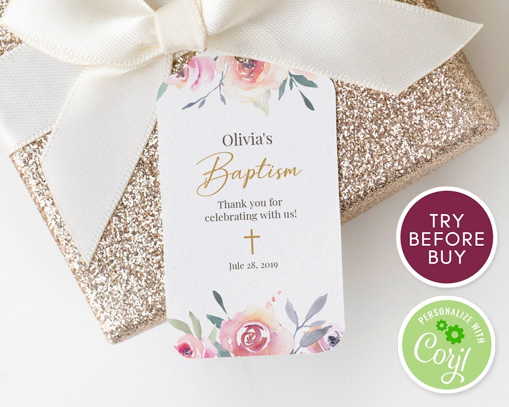 Baptism Thank You Tag Template – Floral Baptism Favor Tag – Printable First Communion Thank You Label – Fully Editable & Instant Download