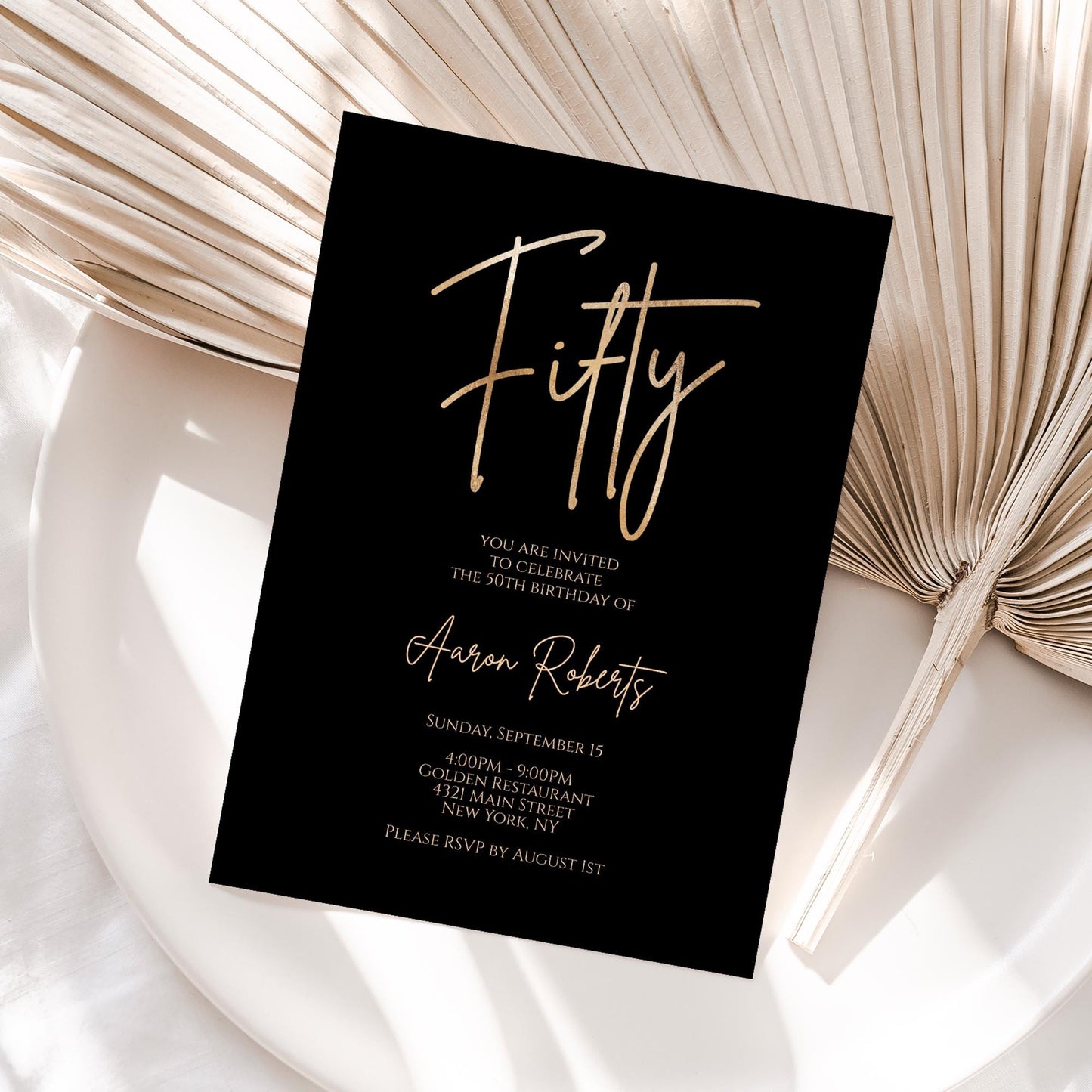 Editable Fifty 50th Birthday invitation template, Printable Black Gold Foil Birthday Invite, 5x7 Digital Card Template, Email Text Message